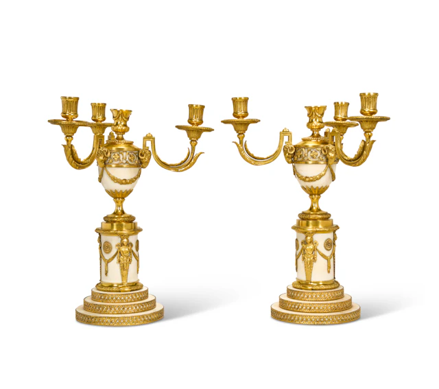A Pair of English Gilt-Copper-Mounted White Marble Four-Light Vase Candelabra
