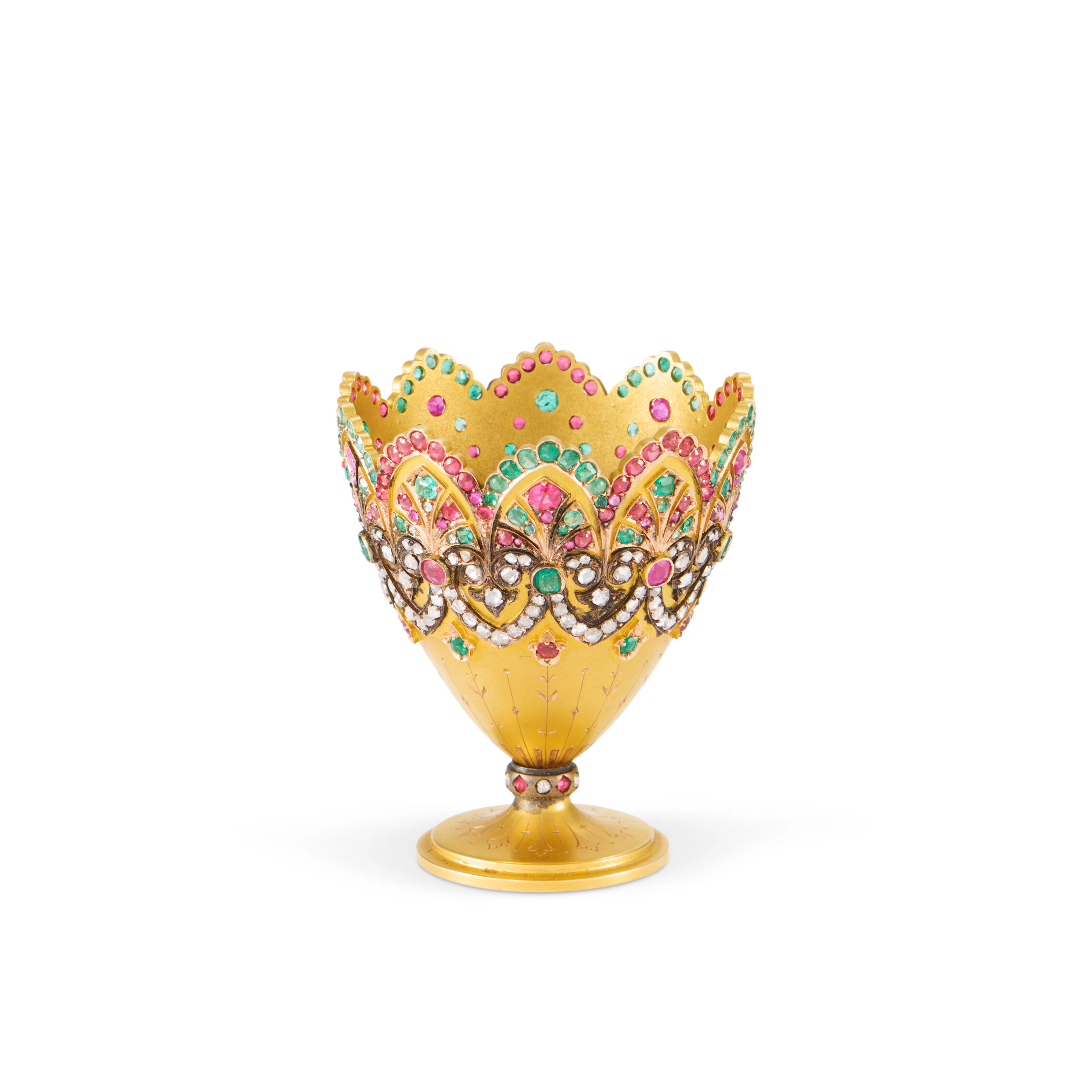 A GEM-SET GOLD ZARF WITH TWO CERAMIC CUPS ( FANCAN )