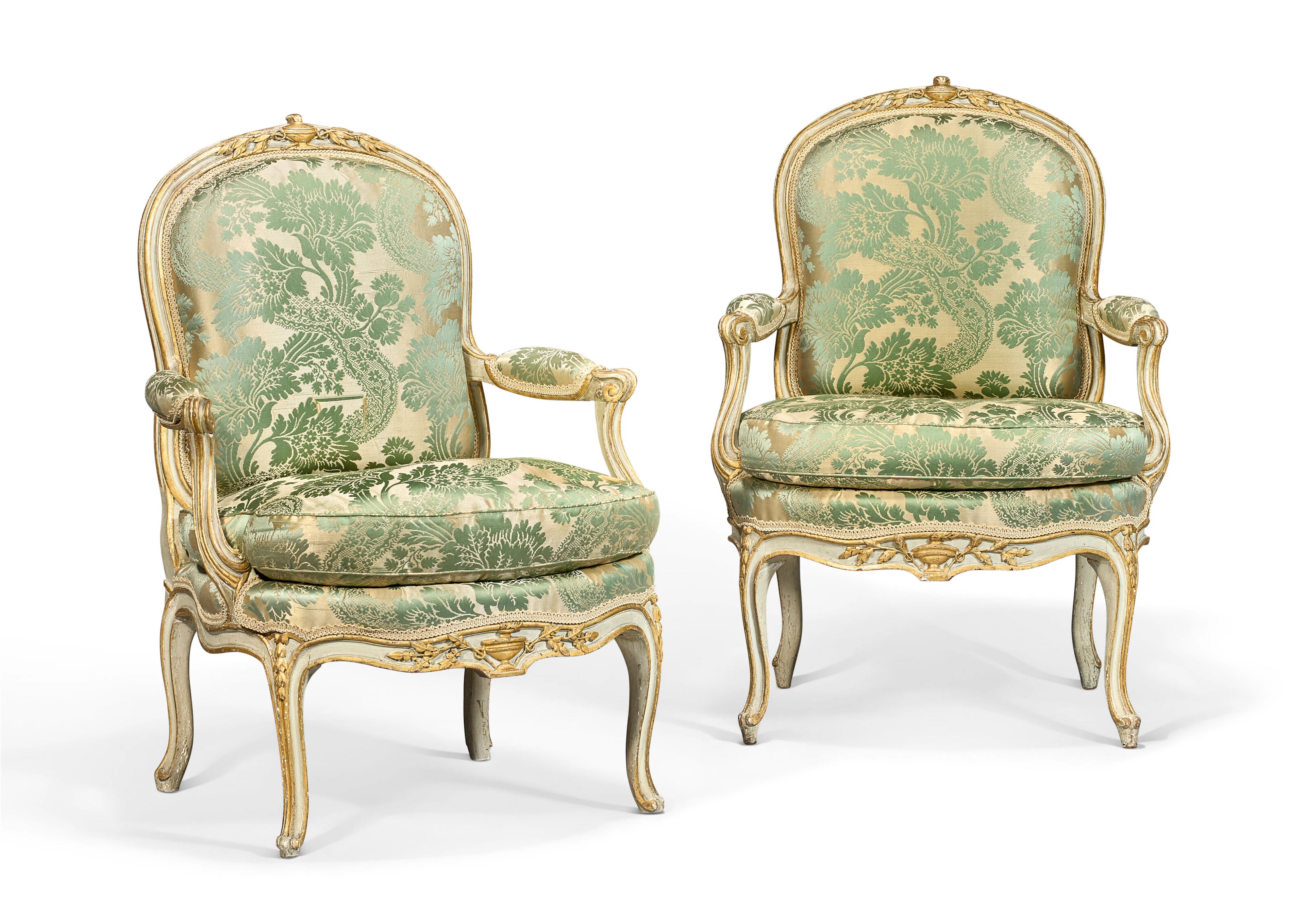 A Pair of Louis Xv Parcel-Gilt and Grey-Painted Fauteuils