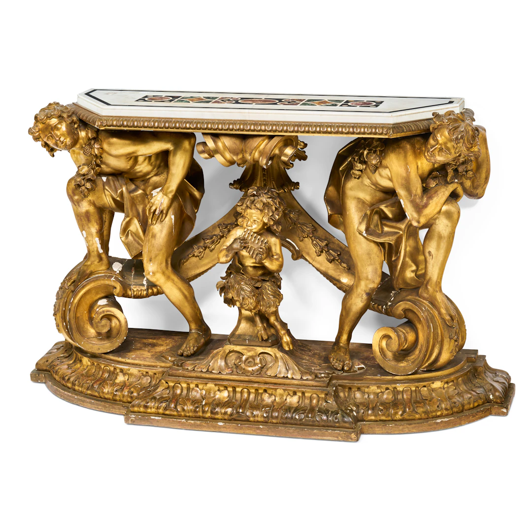 A Large Italian Giltwood and Inlaid Marble Console