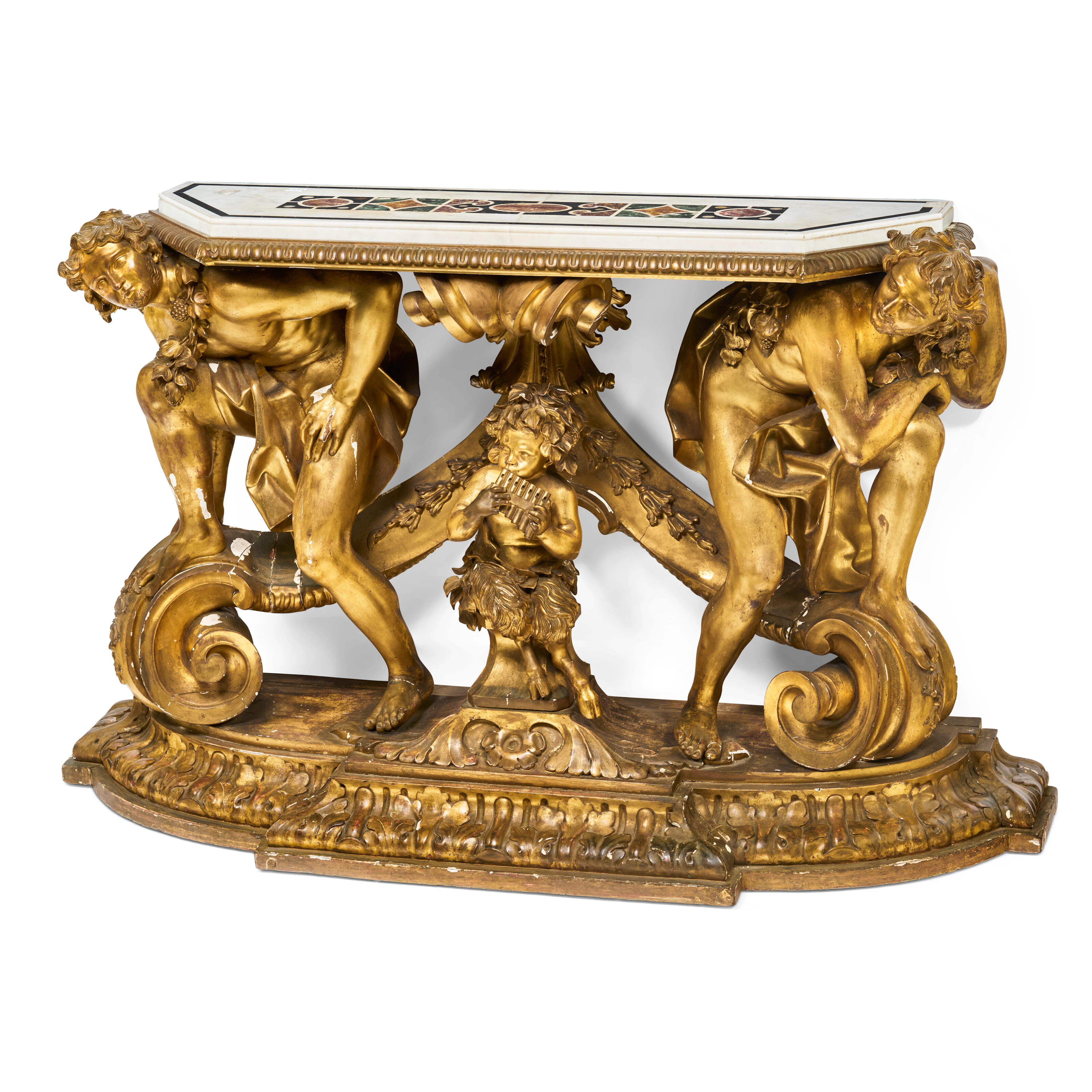 A Large Italian Giltwood and Inlaid Marble Console