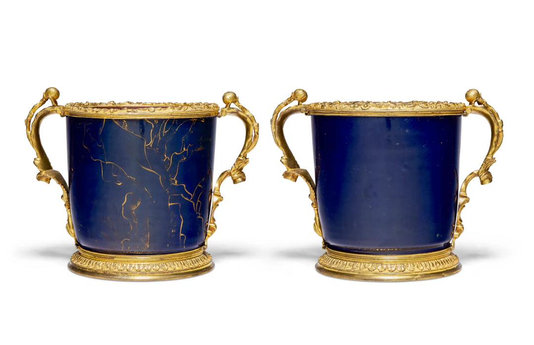 A Pair of Early Louis Xv Ormolu-Mounted Chinese Porcelain Blue-Glazed