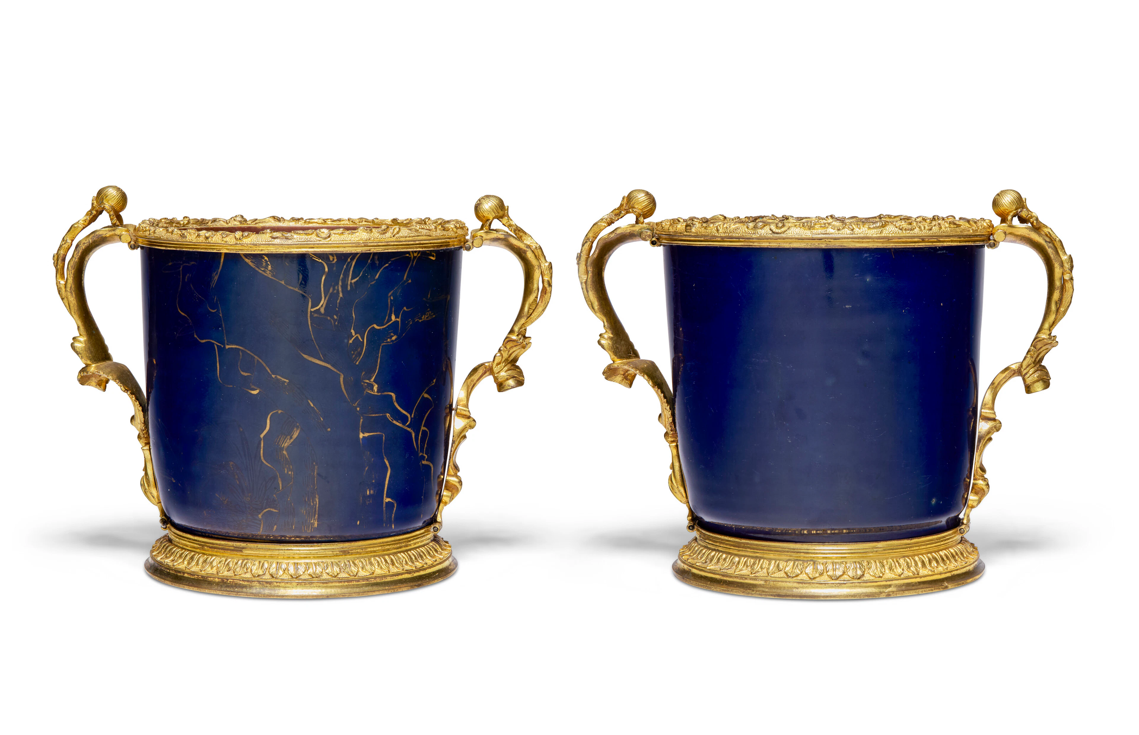 A Pair of Early Louis Xv Ormolu-Mounted Chinese Porcelain Blue-Glazed