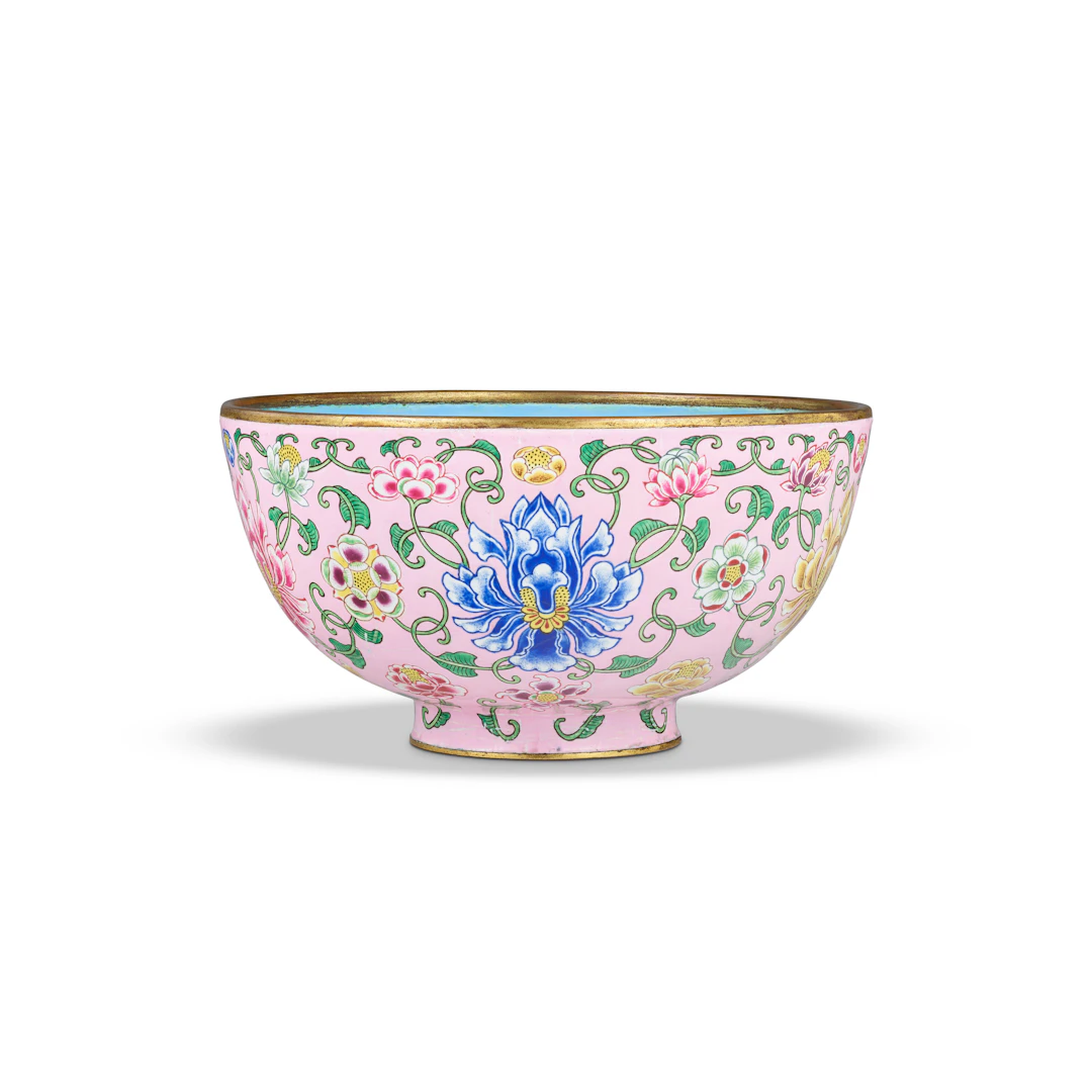 A Very Rare Imperial Pink-Ground Painted-Enamel 'Lotus' Bowl