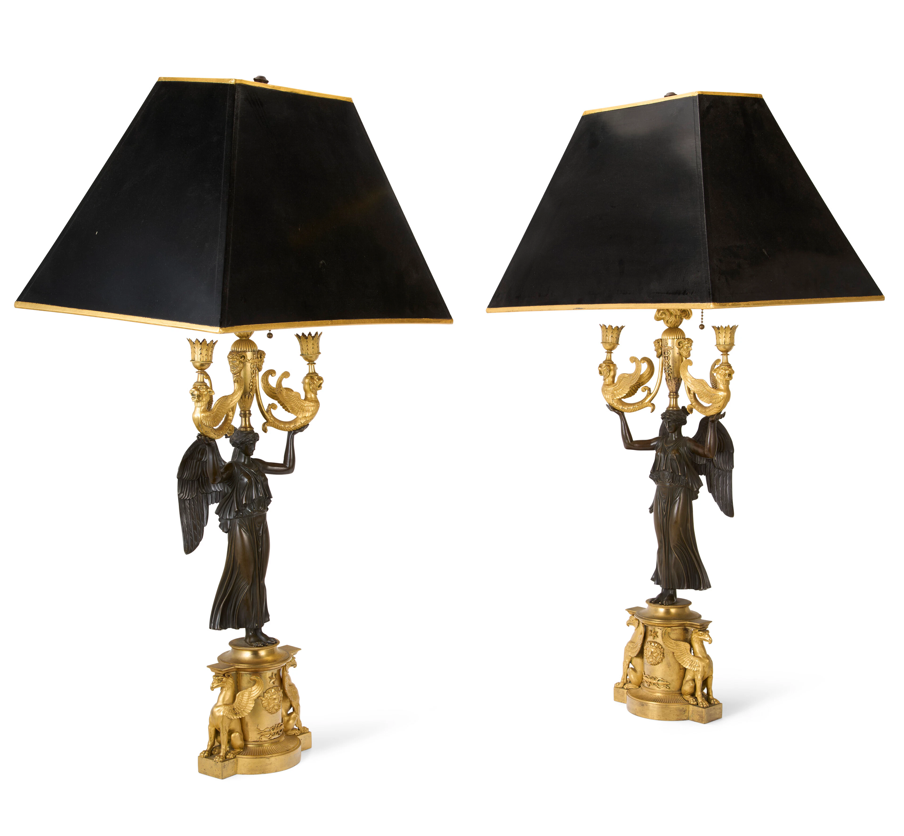 A Pair of Empire Ormolu and Patinated Bronze Three-Light Candelabra