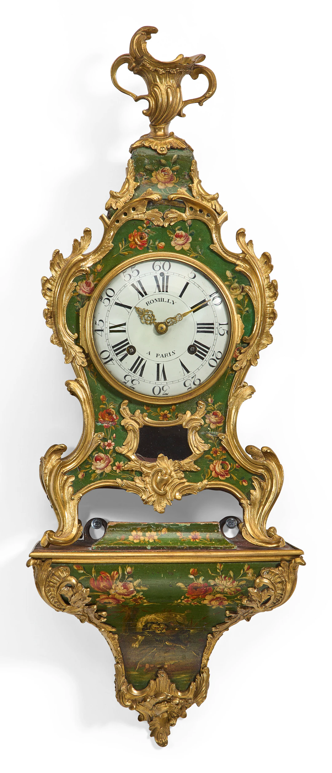 A Louis Xv Ormolu-Mounted Green and Polychrome Vernis-Decorated Bracket Clock