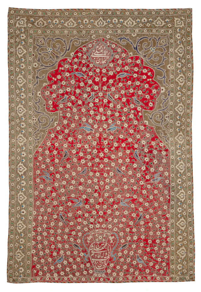 A Princely Qajar Embroidered and Pearl Appliqué Prayer Panel