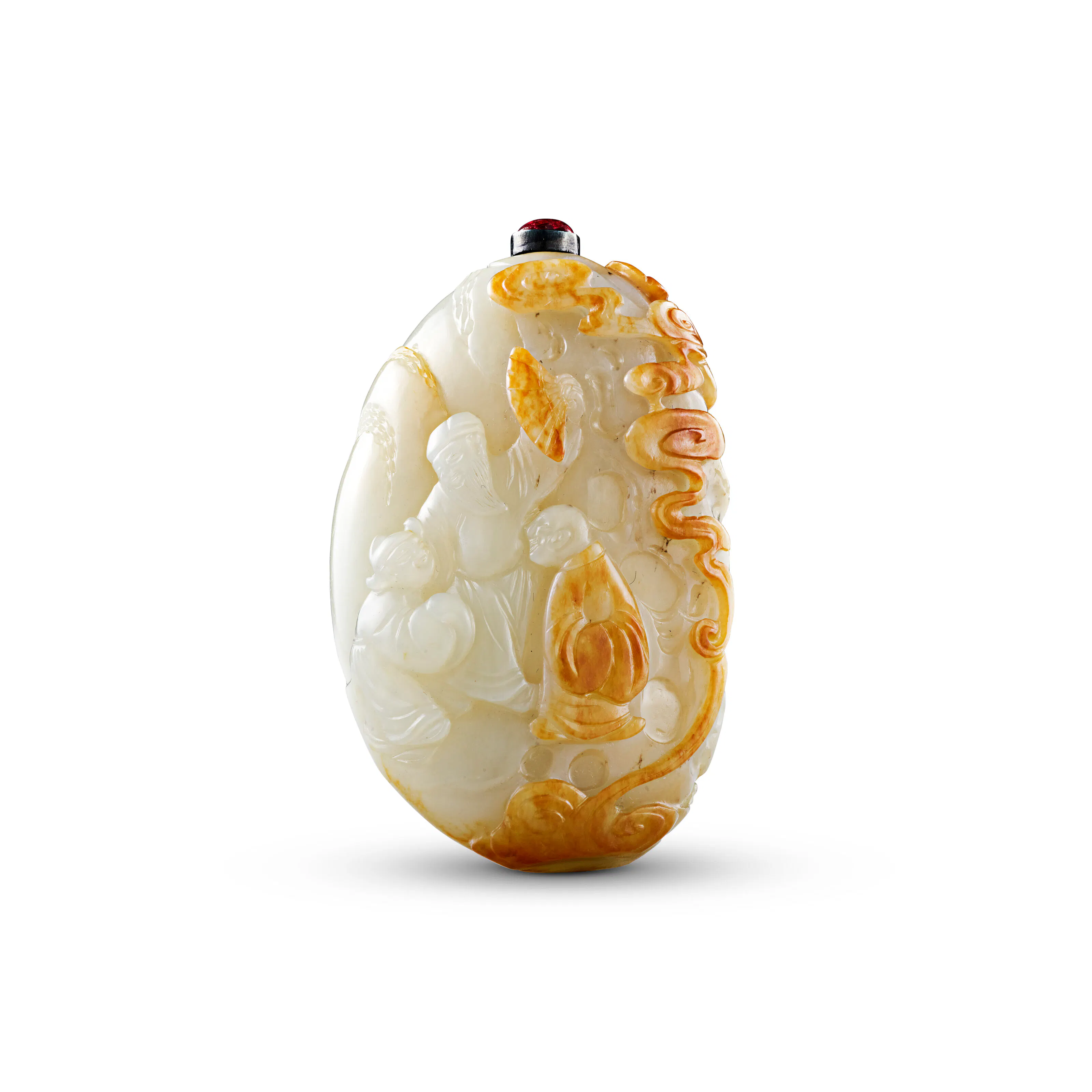 A Carved White and Russet Jade ‘Three Laughs at Tiger Brook’ Snuff Bottle