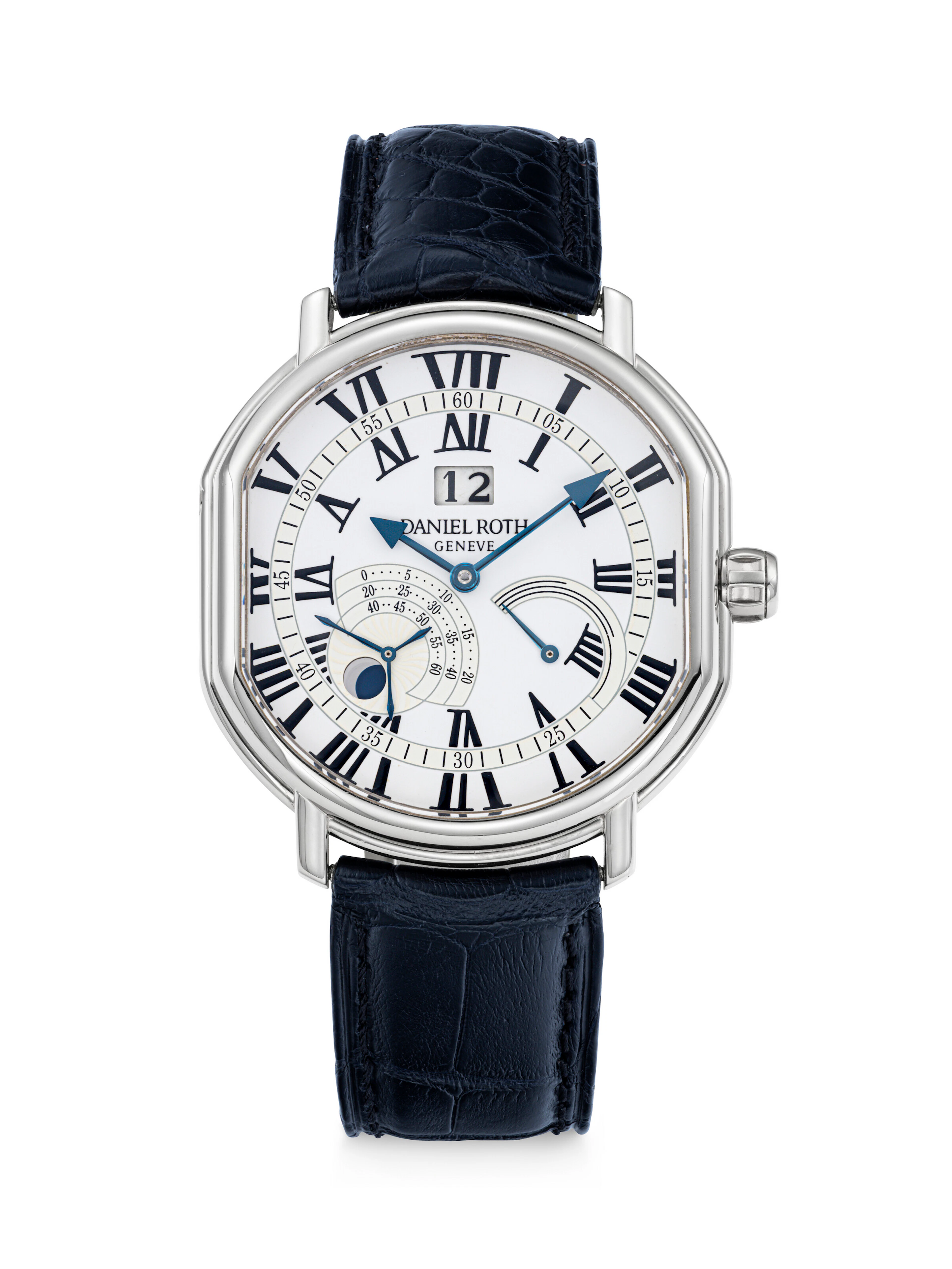DANIEL ROTH. AN 18K WHITE GOLD AUTOMATIC WRISTWATCH WITH DATE, MOON