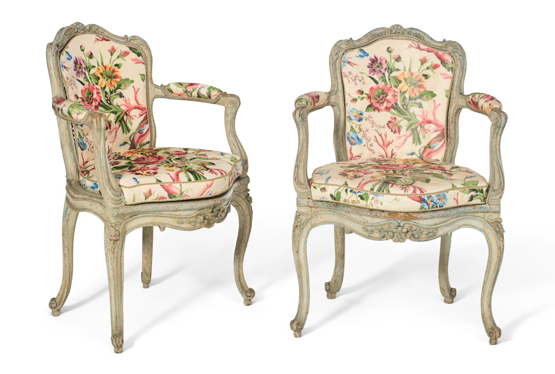 A Pair of Louis Xv Pale Blue-Painted Caned Fauteuils