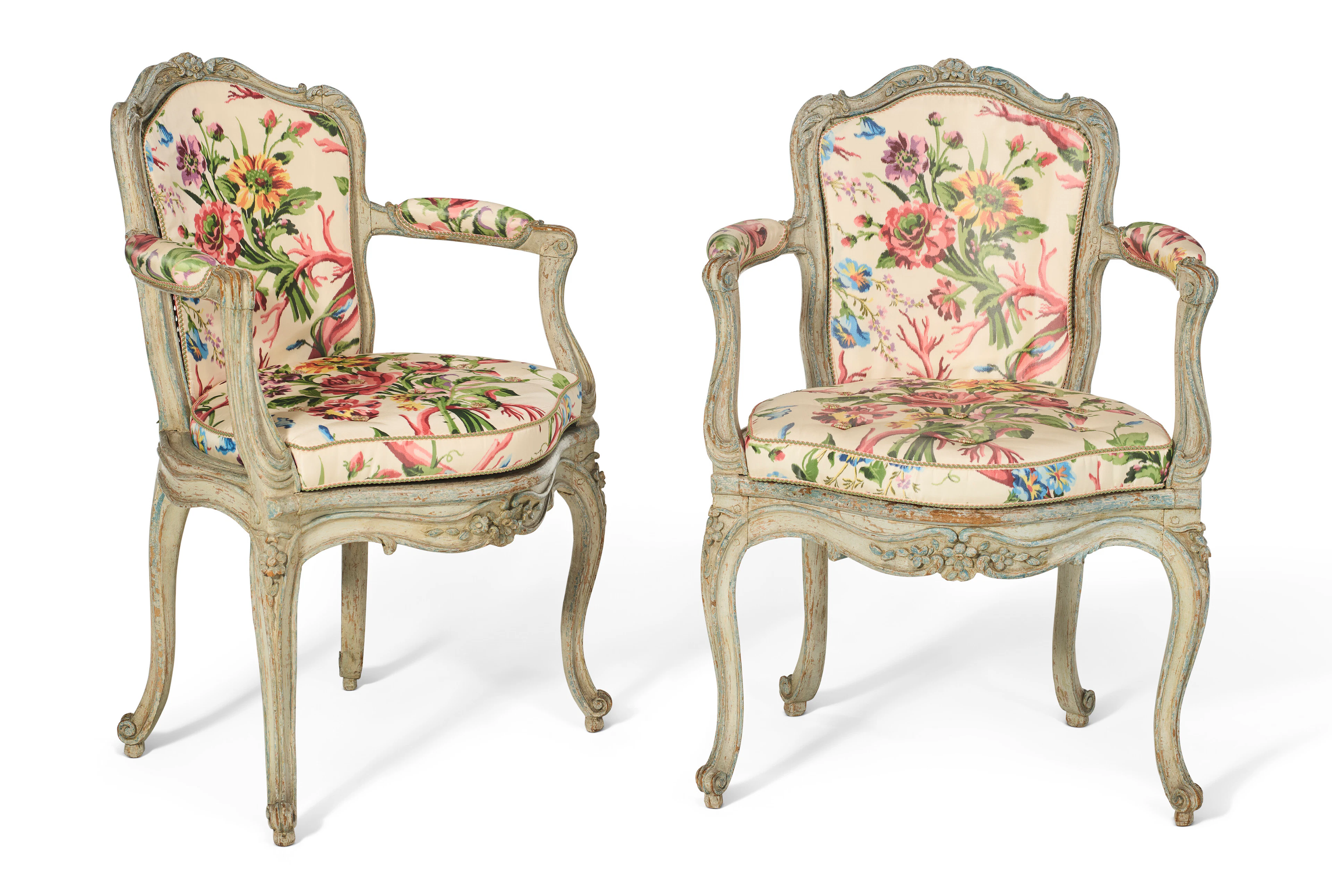 A Pair of Louis Xv Pale Blue-Painted Caned Fauteuils