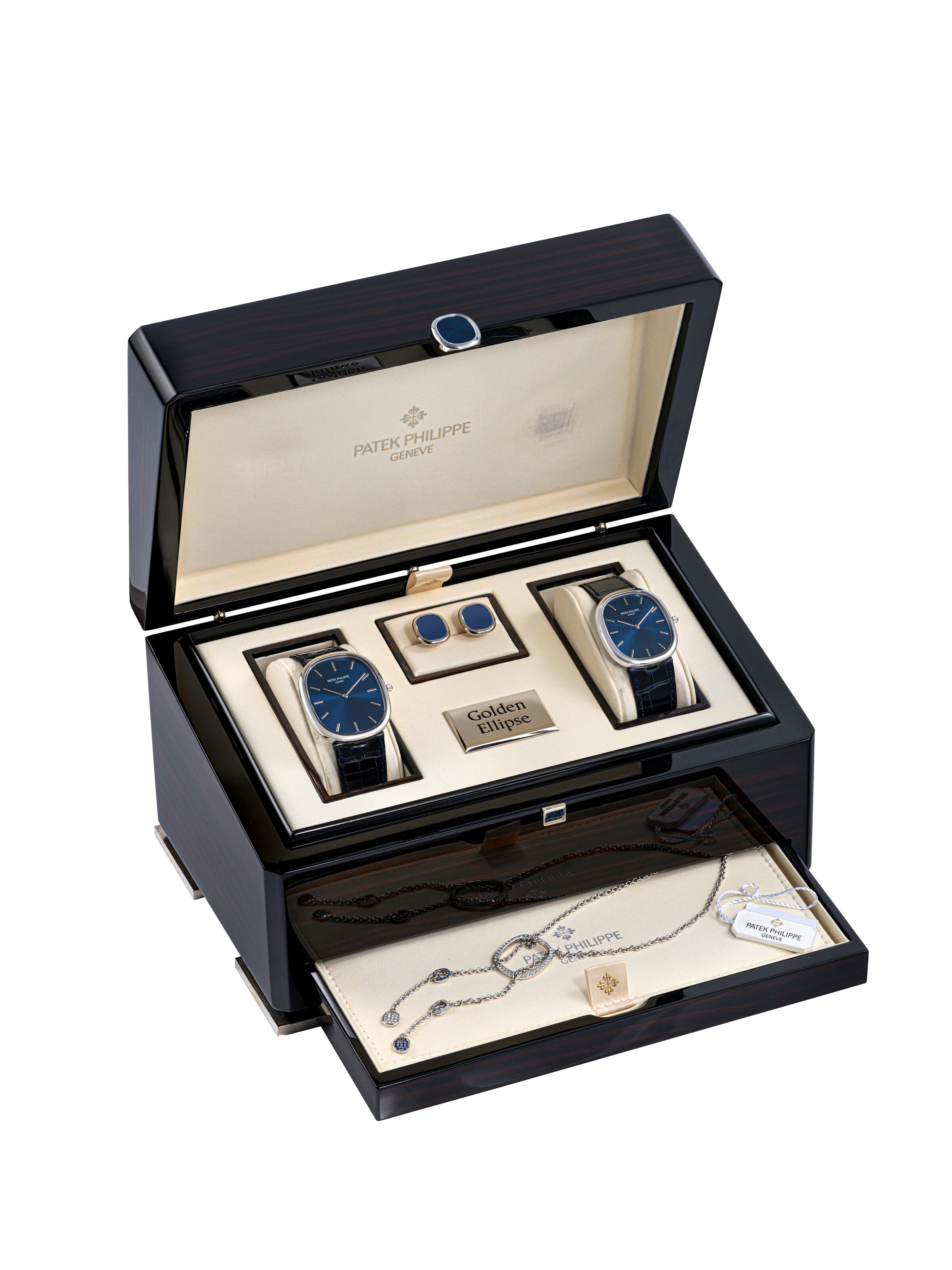PATEK PHILIPPE. A RARE SET OF TWO PLATINUM WRISTWATCHES WITH CUFFLINKS