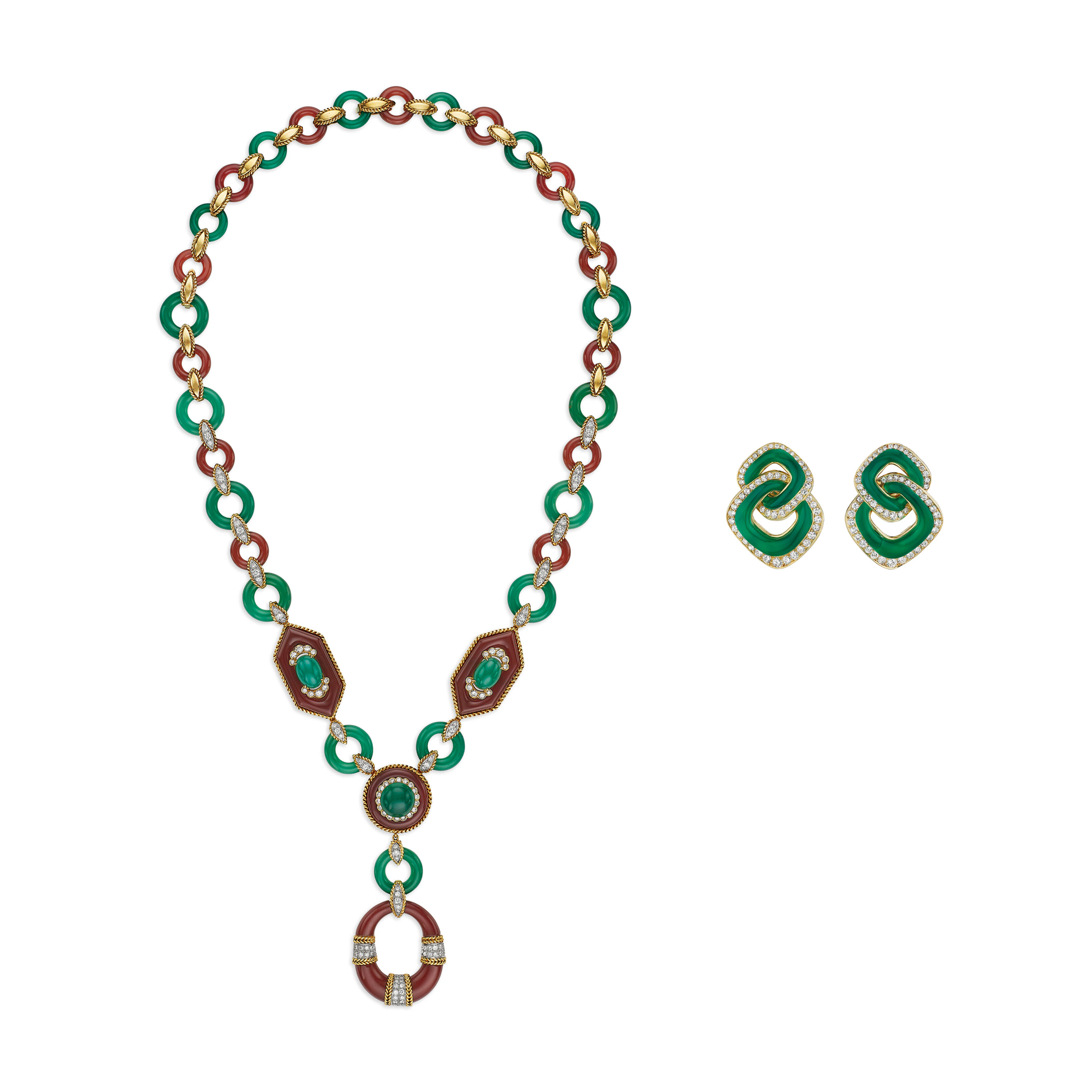 VAN CLEEF & ARPELS GROUP OF CARNELIAN, CHRYSOPRASE AND DIAMOND JEWELRY