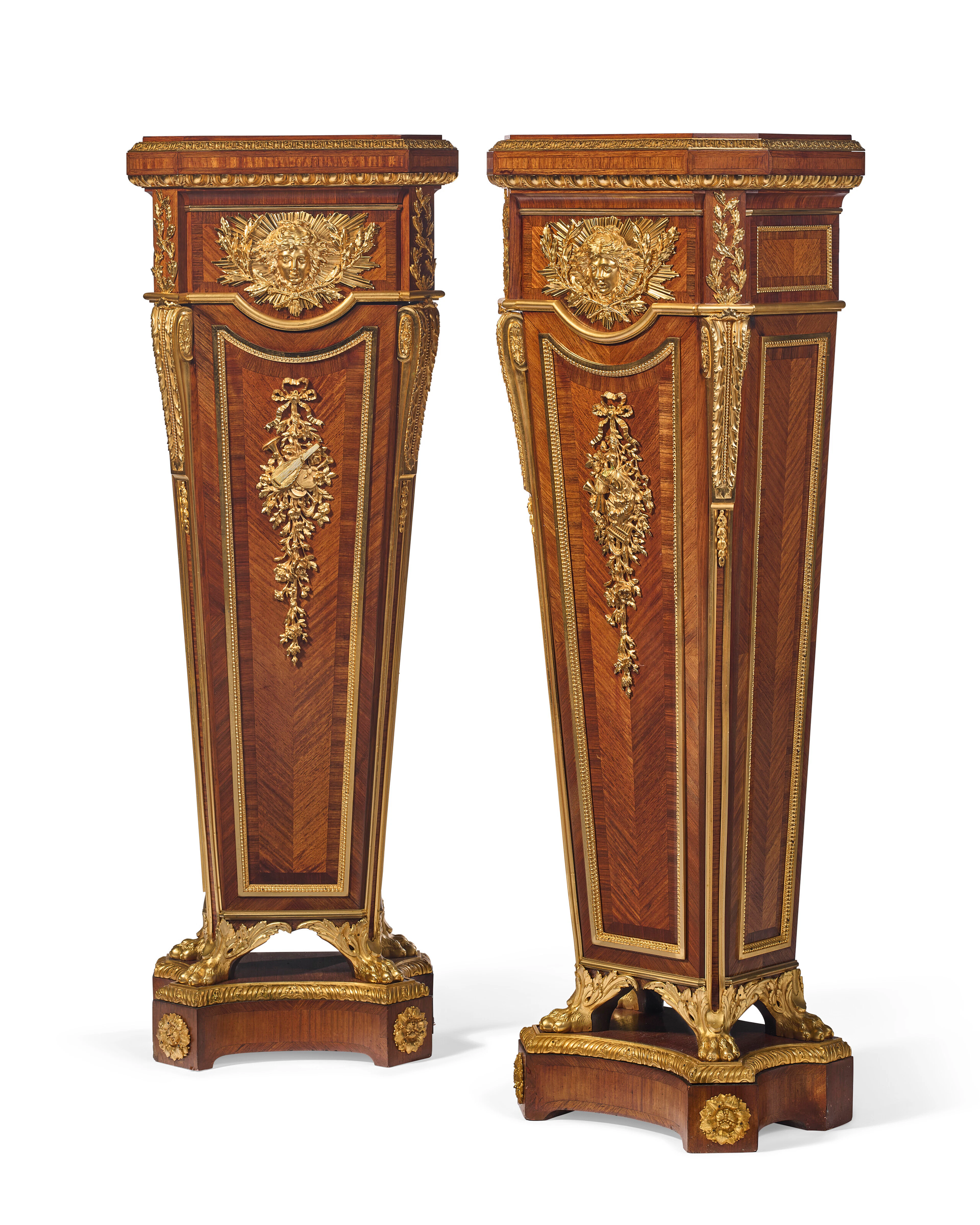 A Pair of French Ormolu-Mounted Mahogany, Kingwood and Bois Satine Pedestals