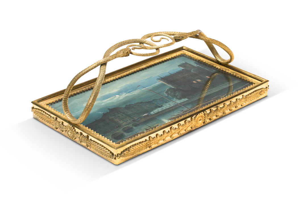 A German Watercolor-Inset Ormolu Presse-Papier