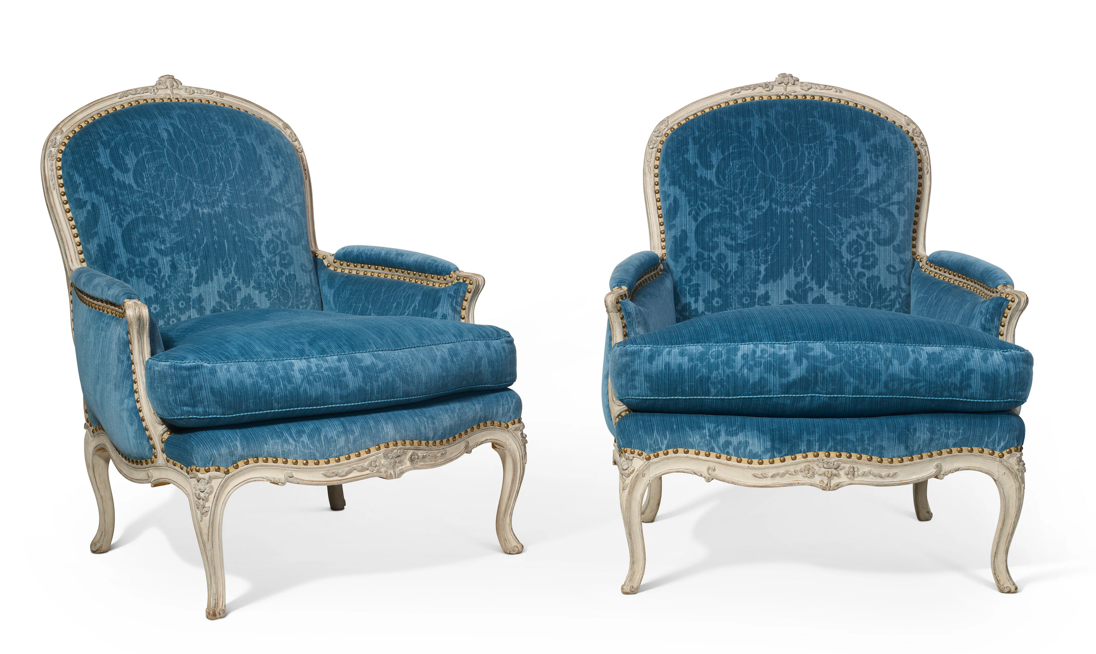 A Pair of French Grey-Painted Bergeres