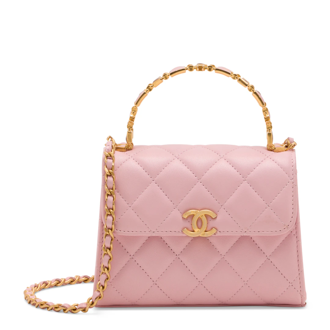 A Pink Quilted Lambskin Leather Top Handle Flap Bag with Gold Hardware