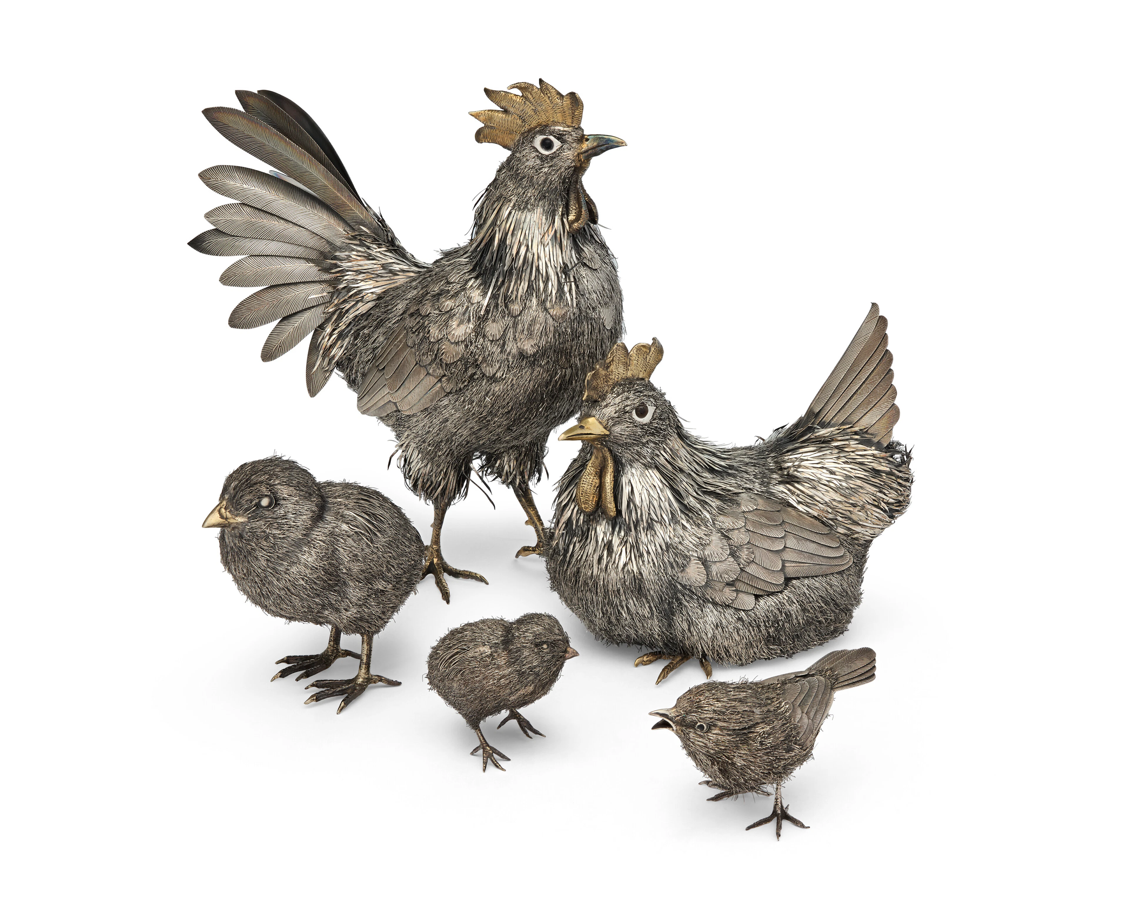 A Group of Two Italian Silver Cockerels and Three Chicks