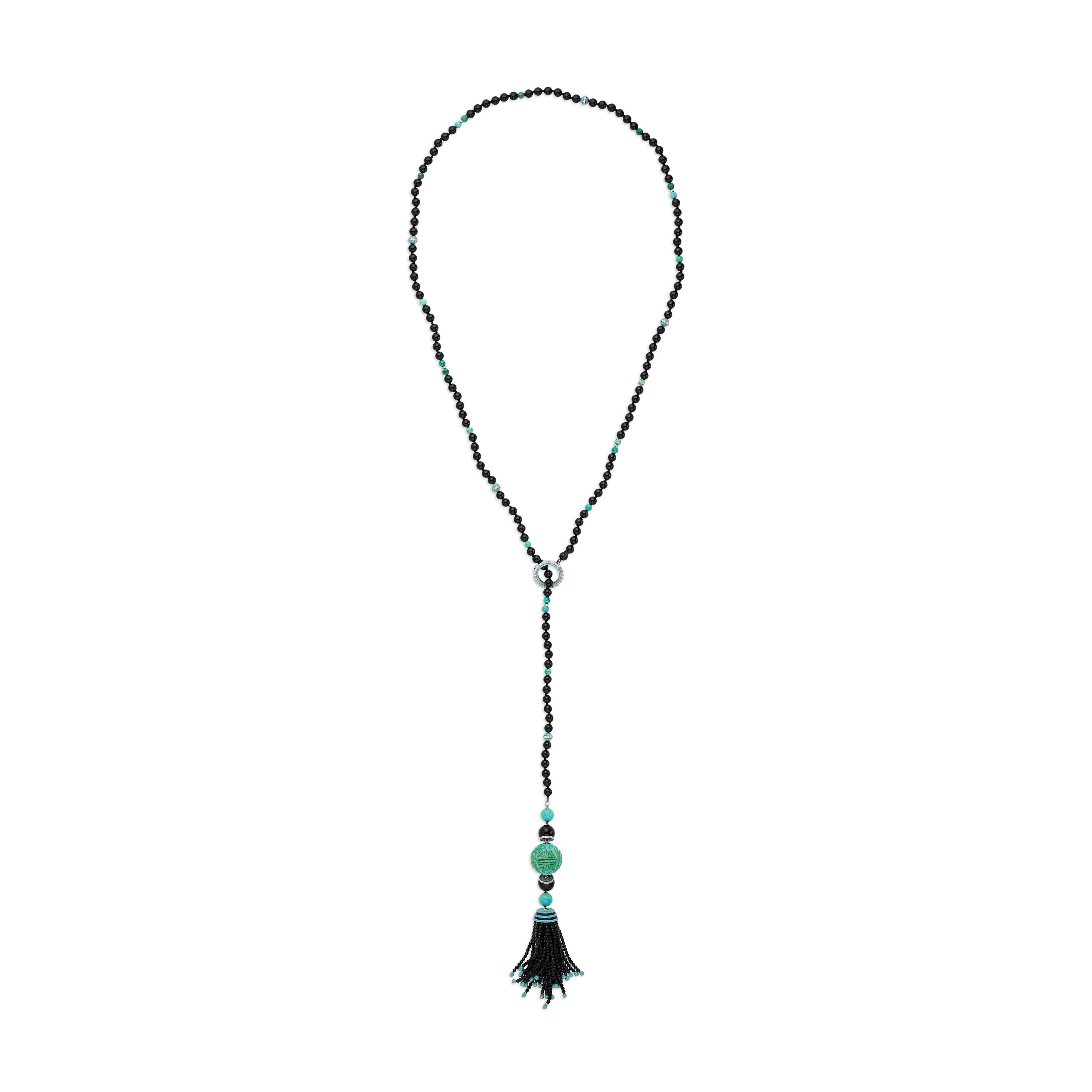 Art Deco Boucheron Turquoise, Onyx, Enamel and Diamond Sautoir Necklace
