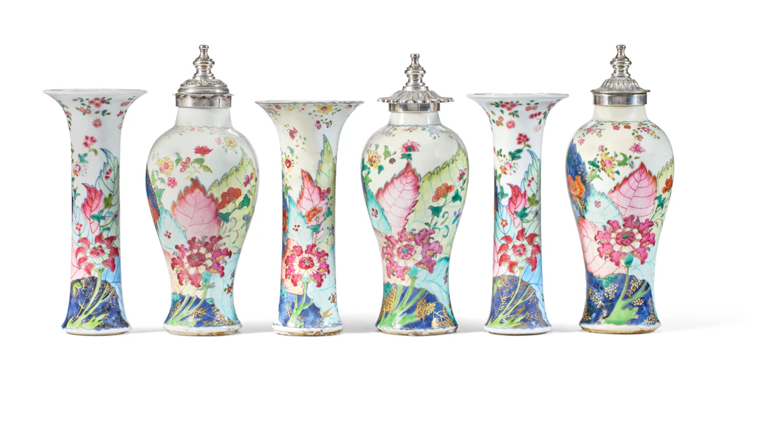 An Assembled Chinese Export Porcelain 'Tobacco Leaf' Six-Vase Garniture