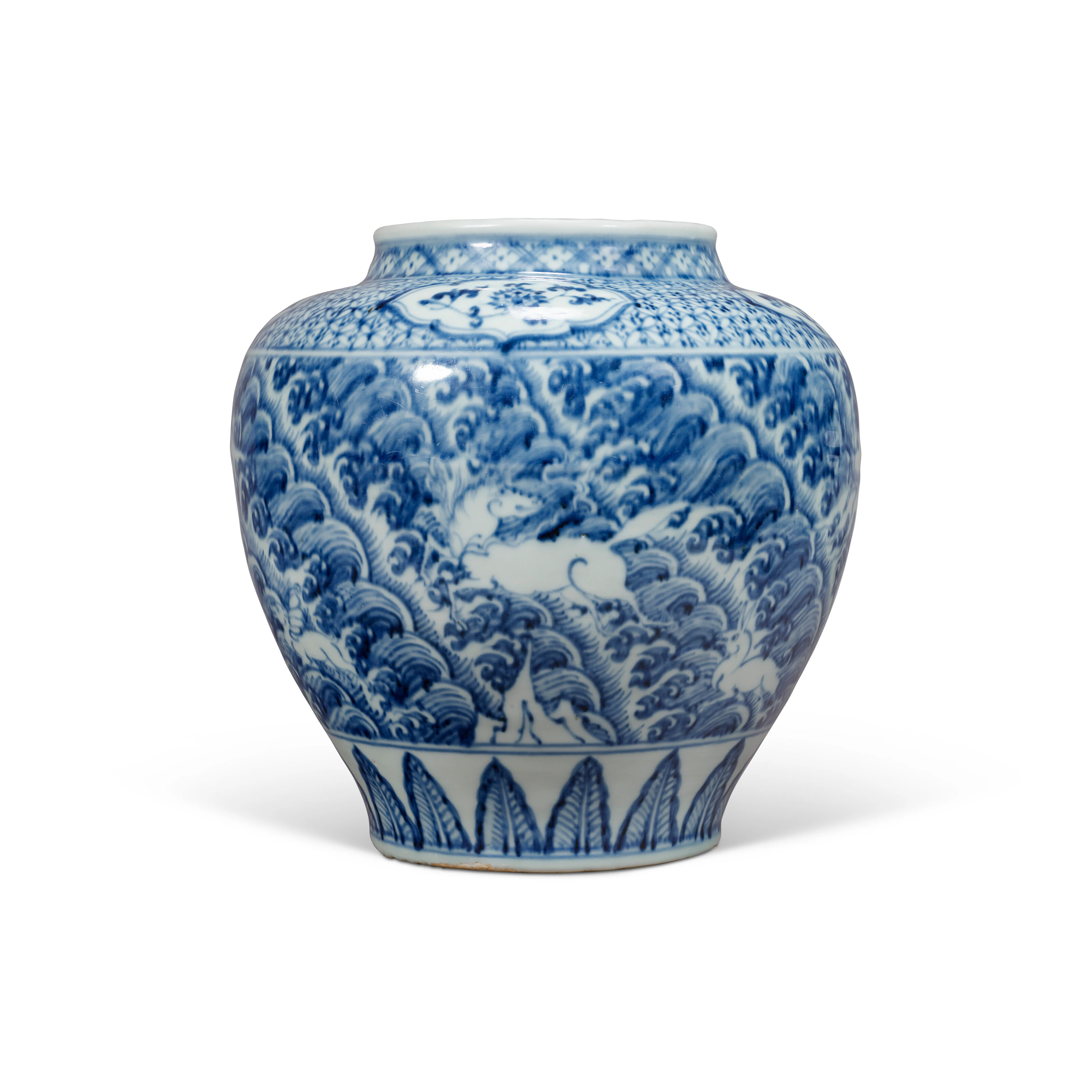 A Rare Blue and White ‘Mythical Creatures Amid Waves’ Jar