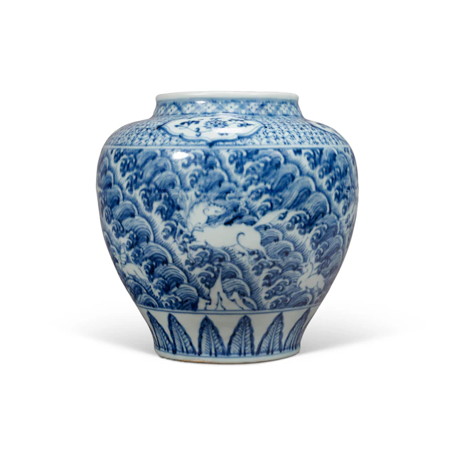 A Rare Blue and White ‘Mythical Creatures Amid Waves’ Jar