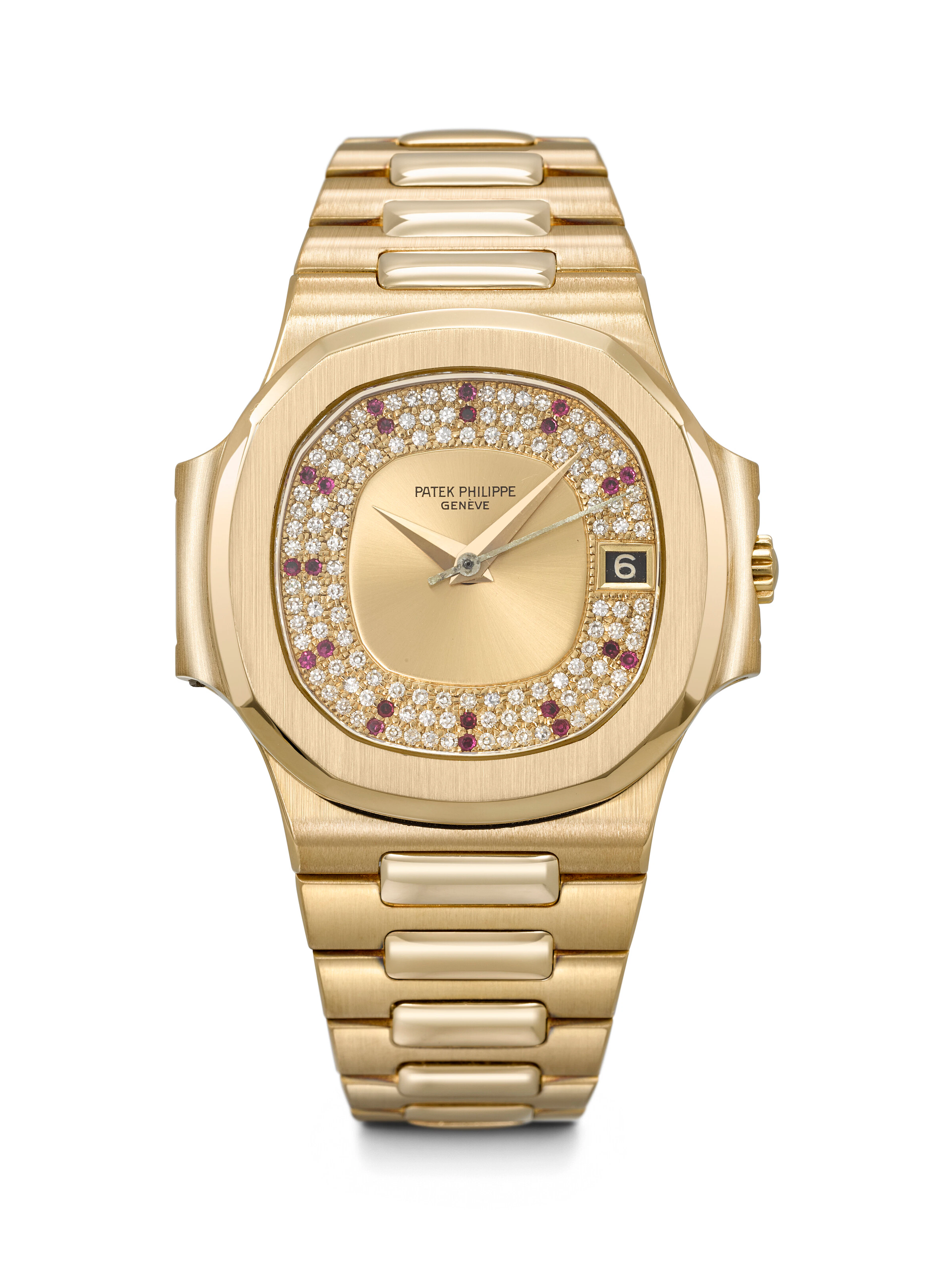 PATEK PHILIPPE. A MAGNIFICENT 18K GOLD, DIAMOND AND RUBY-SET AUTOMATIC