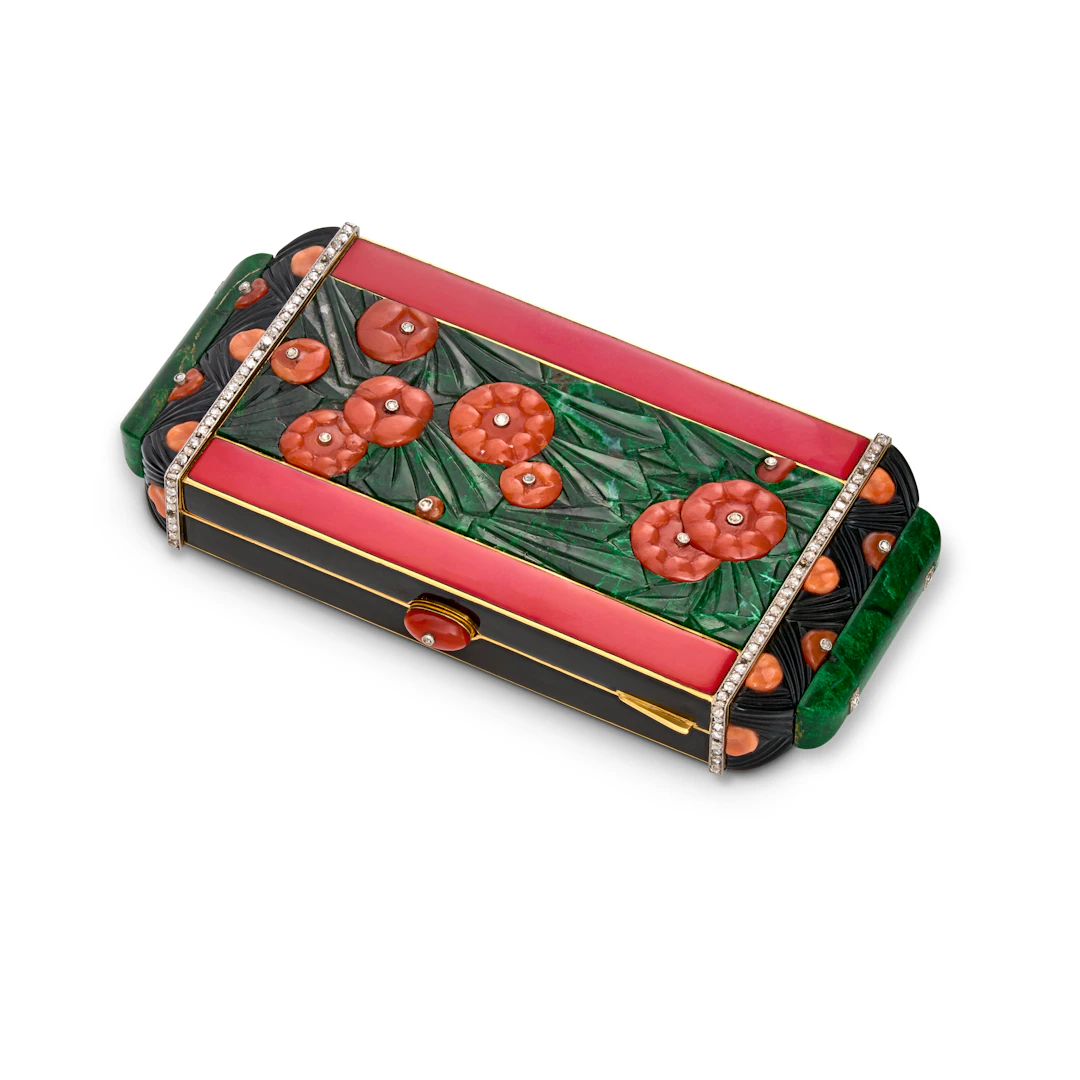 Théodule Bourdier Art Deco Malachite, Onyx, Coral, Diamond and Enamel