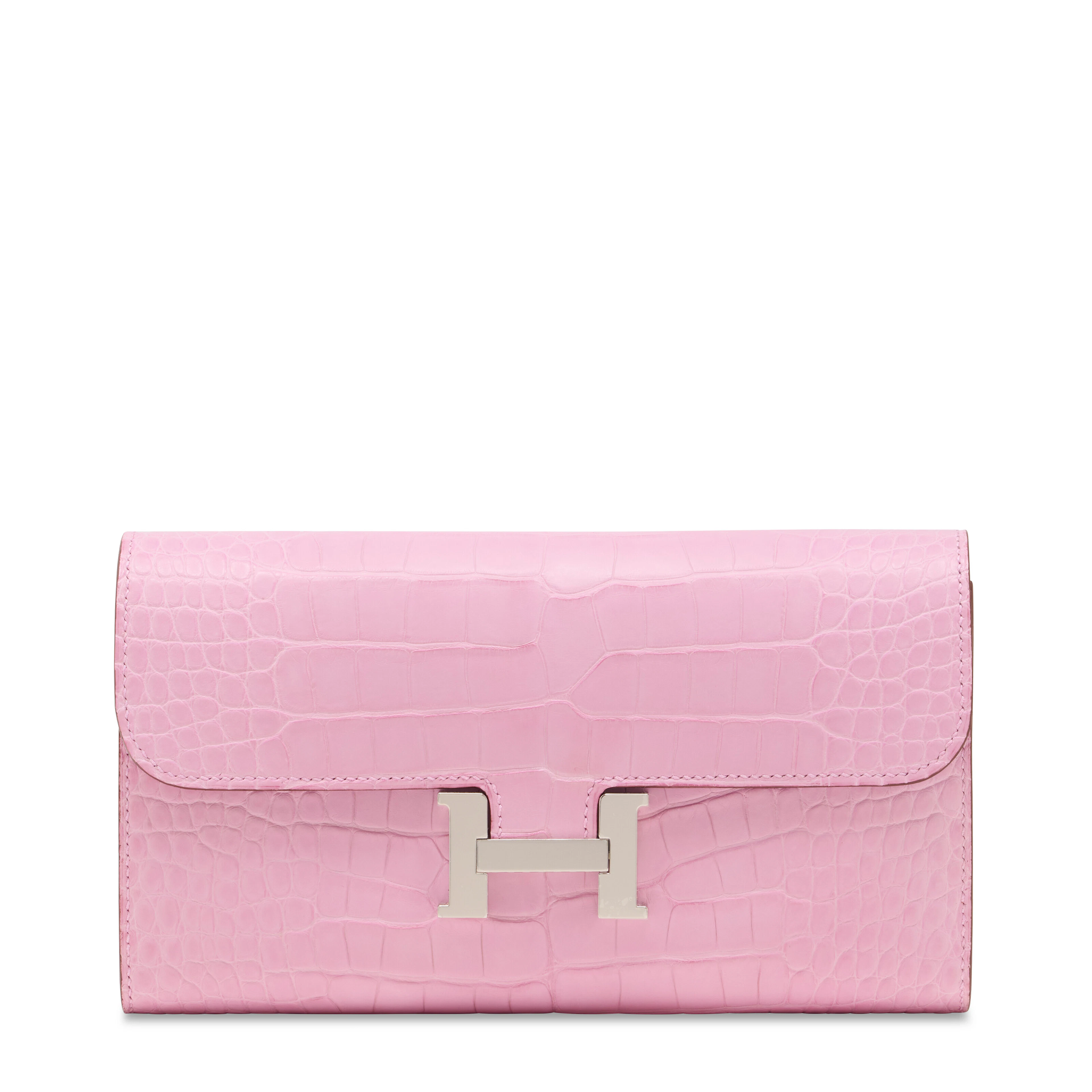 A MATTE PINK 5P ALLIGATOR CONSTANCE WALLET WITH PALLADIUM HARDWARE