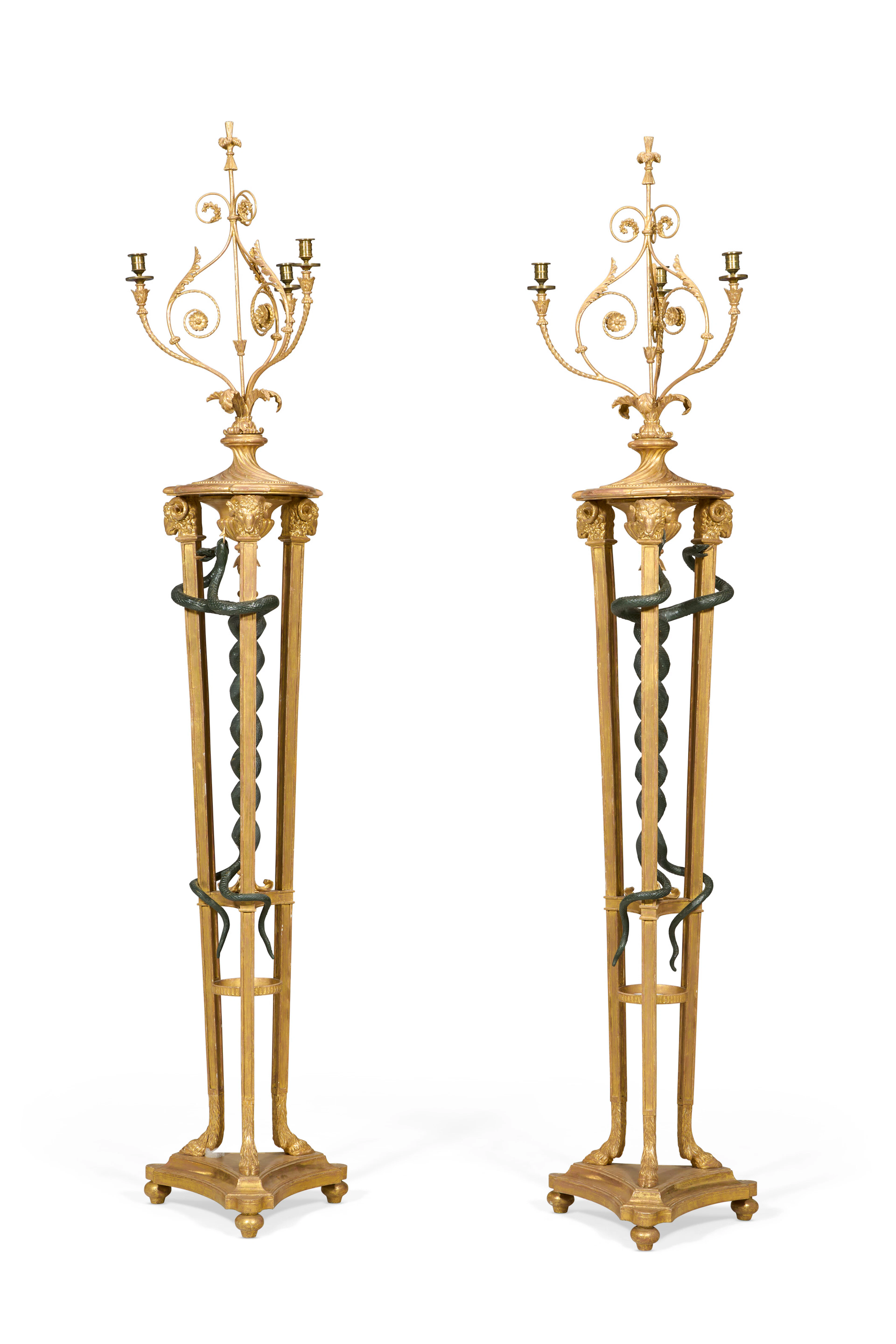 A PAIR OF GEORGE III GILTWOOD, 'BRONZED' AND COMPOSITION TORCHERES