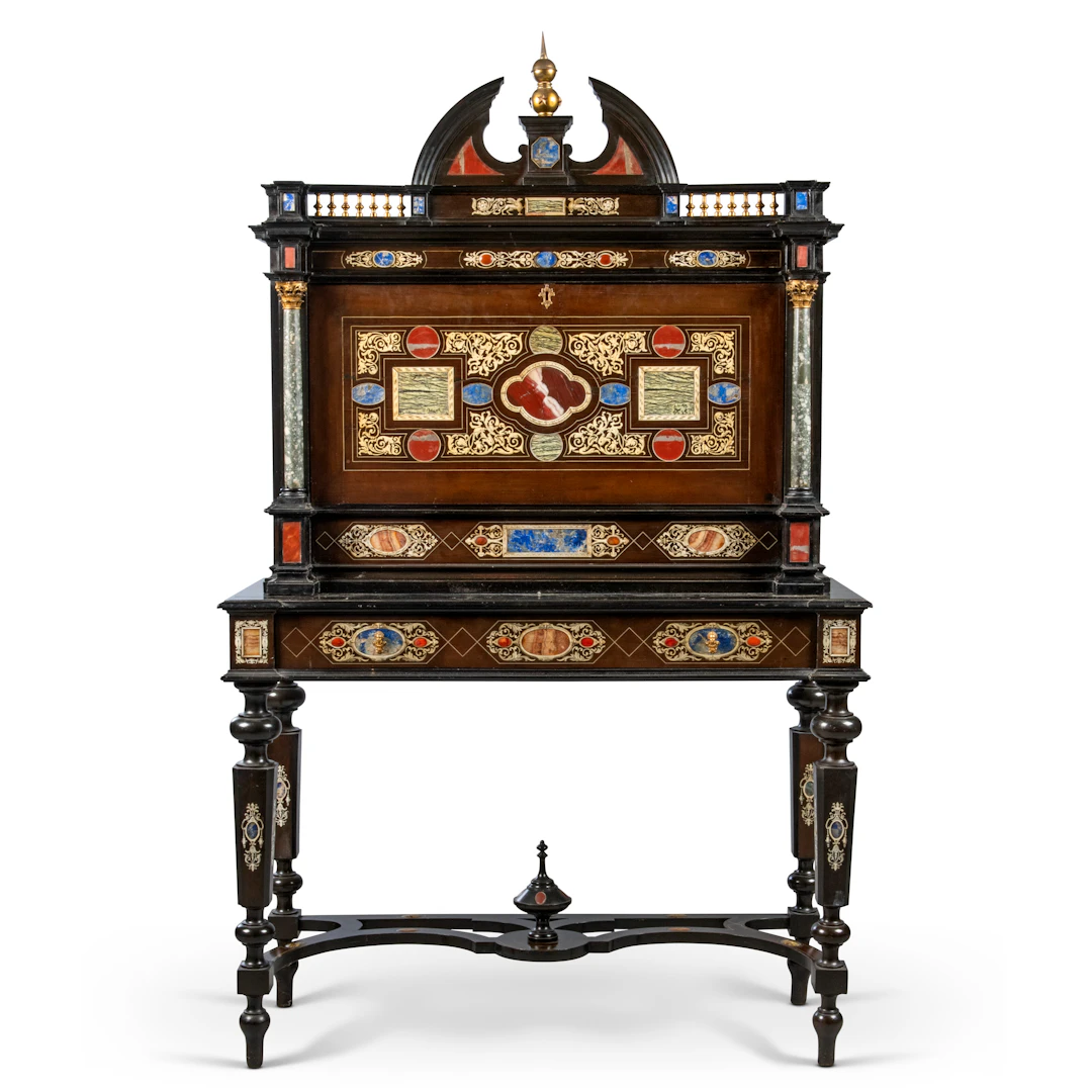 An Italian Ormolu-Mounted, Pietra Dura, Ivory-Inlaid and Ebony Cabinet-On-Stand