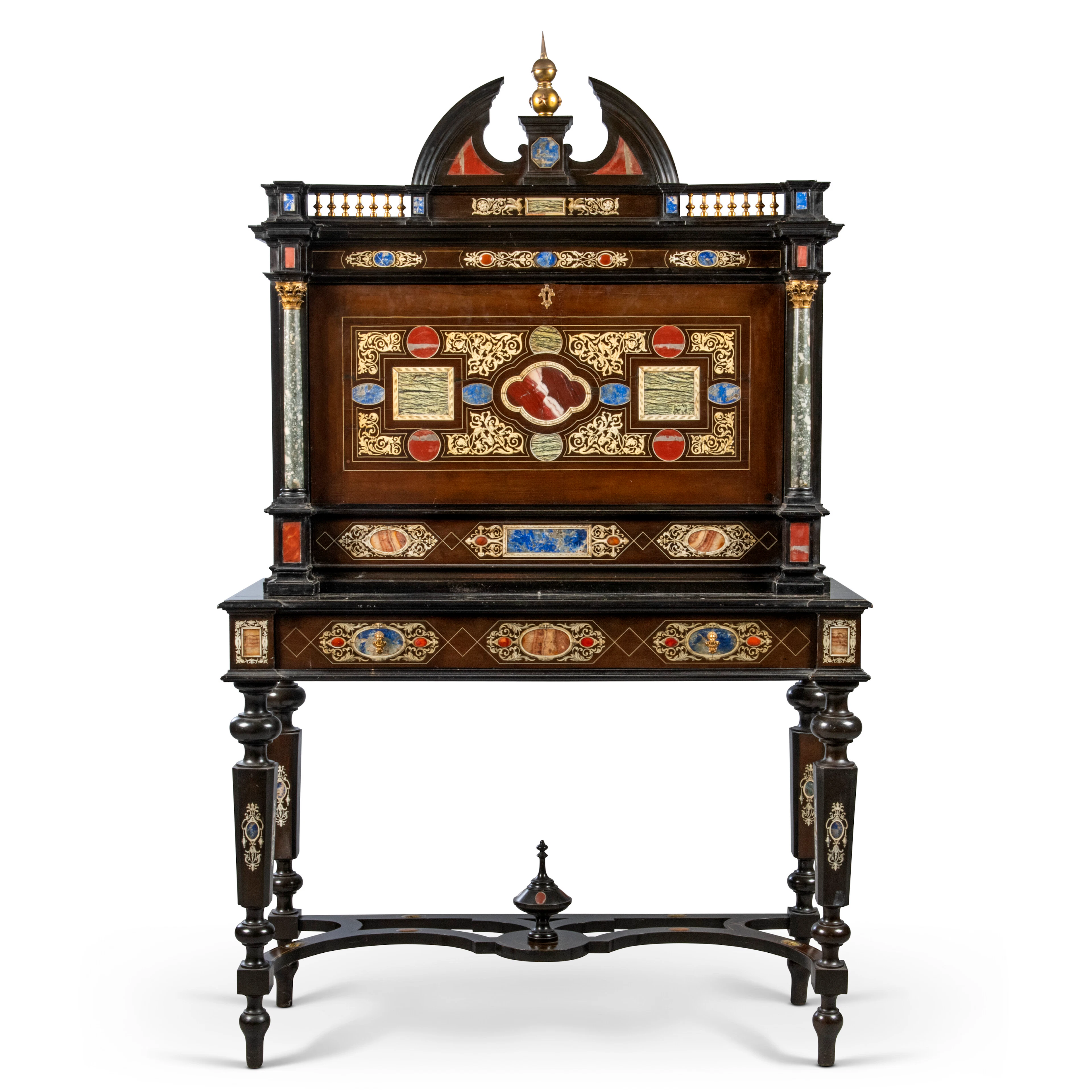 An Italian Ormolu-Mounted, Pietra Dura, Ivory-Inlaid and Ebony Cabinet-On-Stand