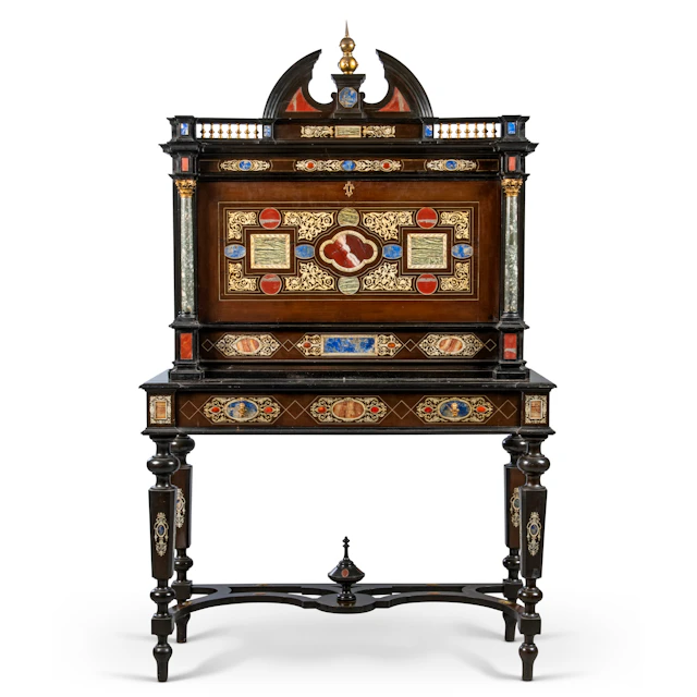 An Italian Ormolu-Mounted, Pietra Dura, Ivory-Inlaid and Ebony Cabinet-On-Stand