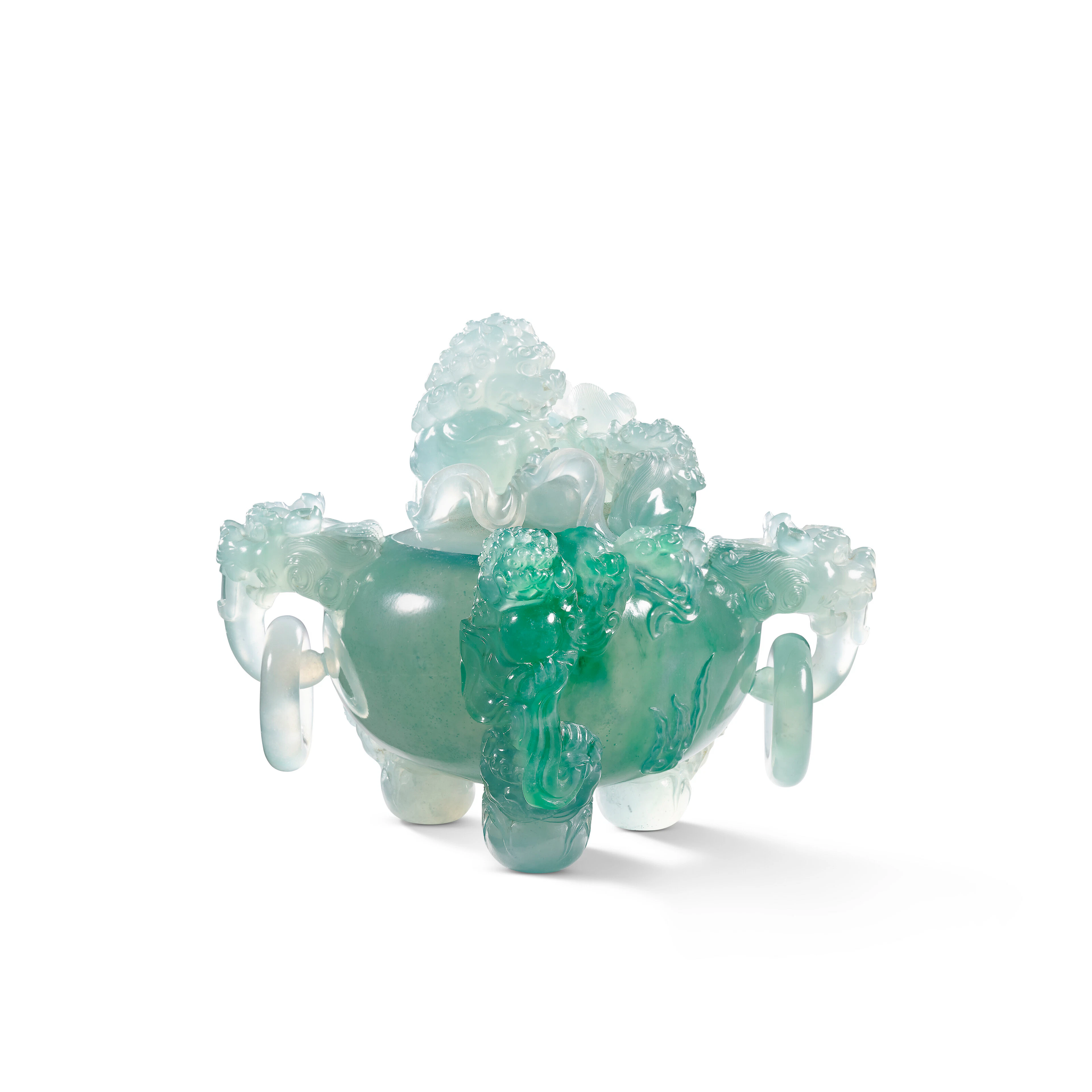 A Very Rare and Superb ‘Icy’ Jadeite 'Dragon and Lion' Tripod Censer and Cover