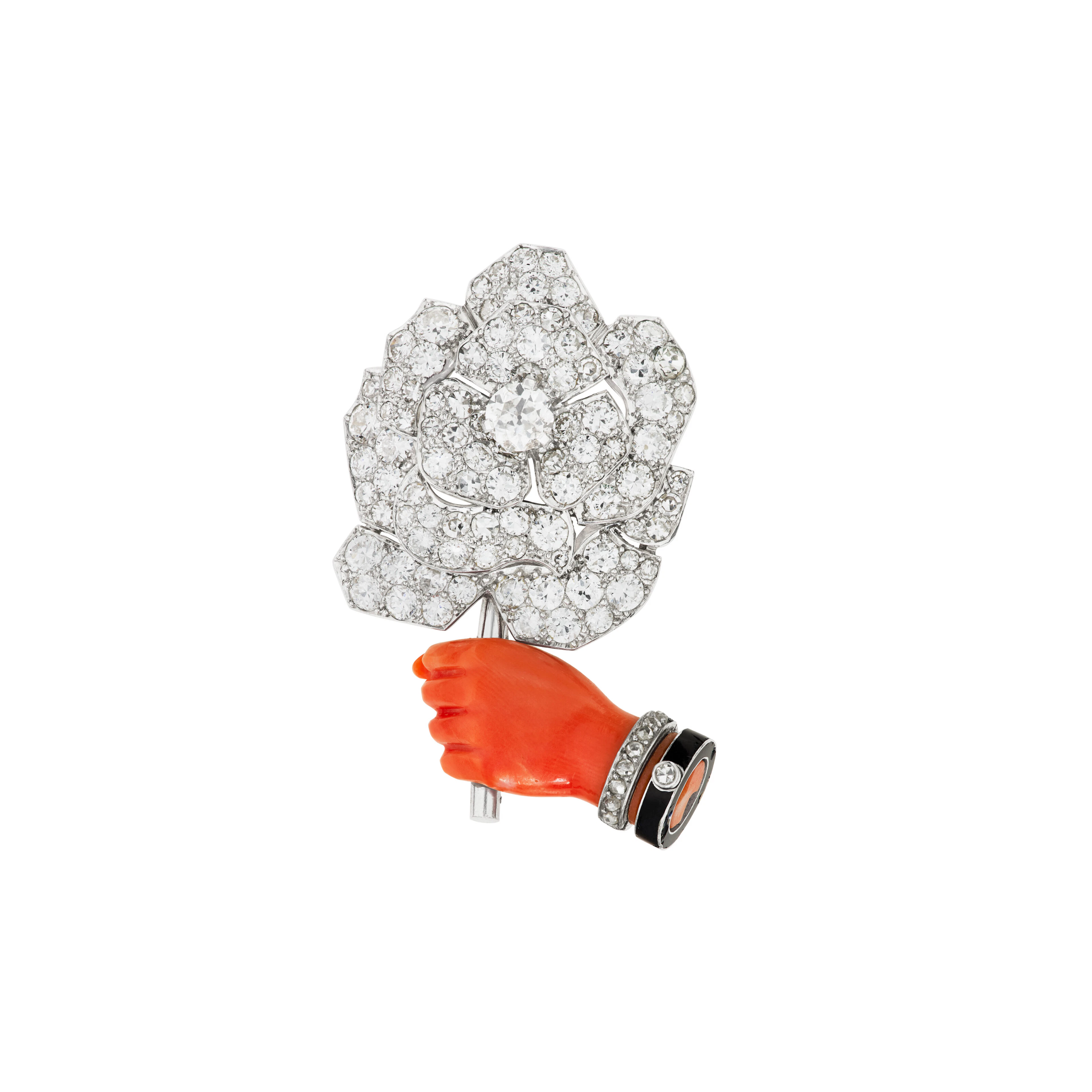 Cartier Diamond, Coral and Enamel Brooch
