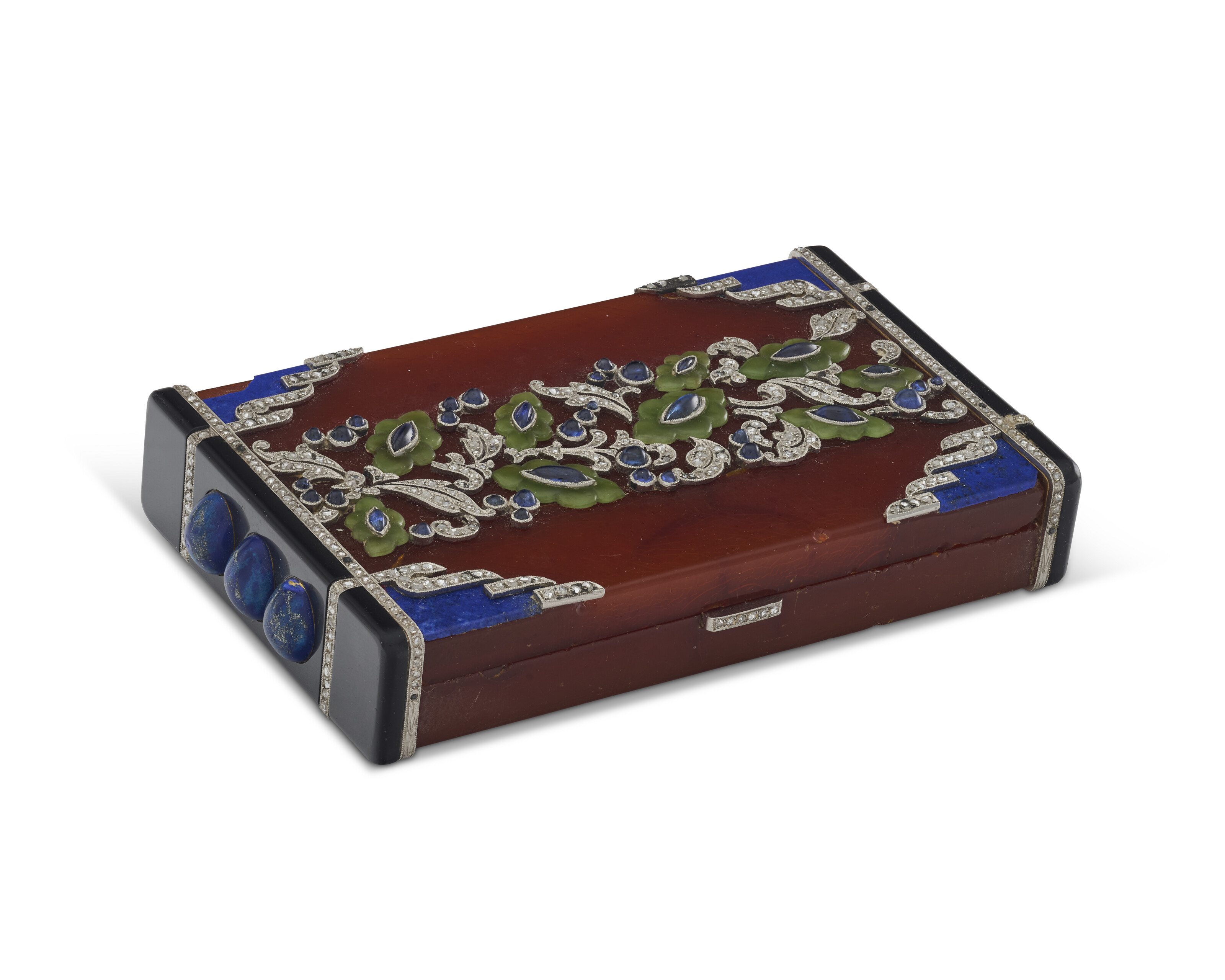 A FRENCH ART DECO JEWELED PLATINUM MOUNTED HARDSTONE VANITY CASE