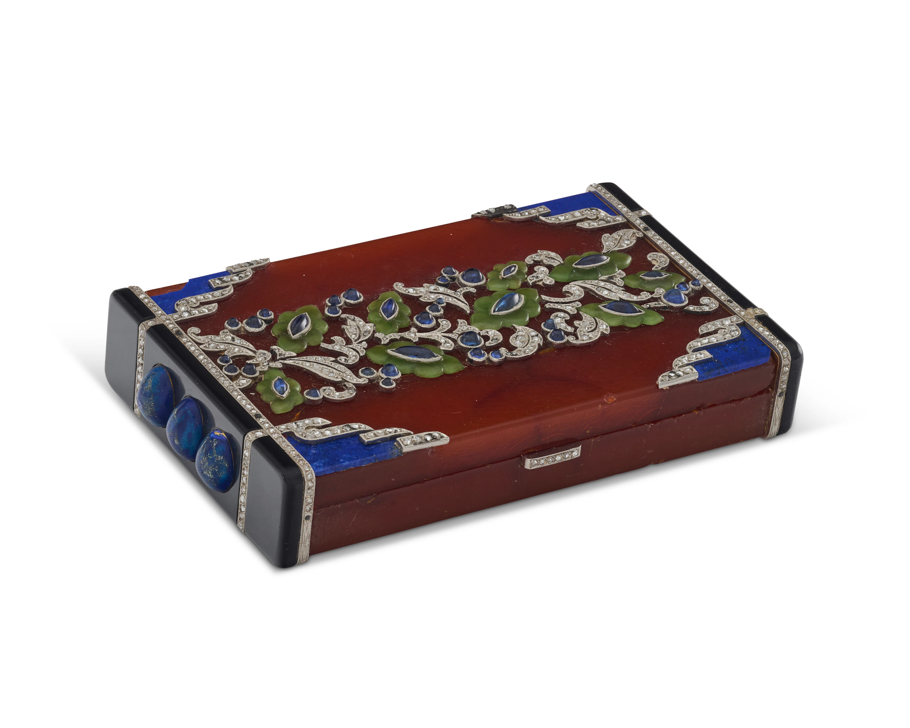A FRENCH ART DECO JEWELED PLATINUM MOUNTED HARDSTONE VANITY CASE