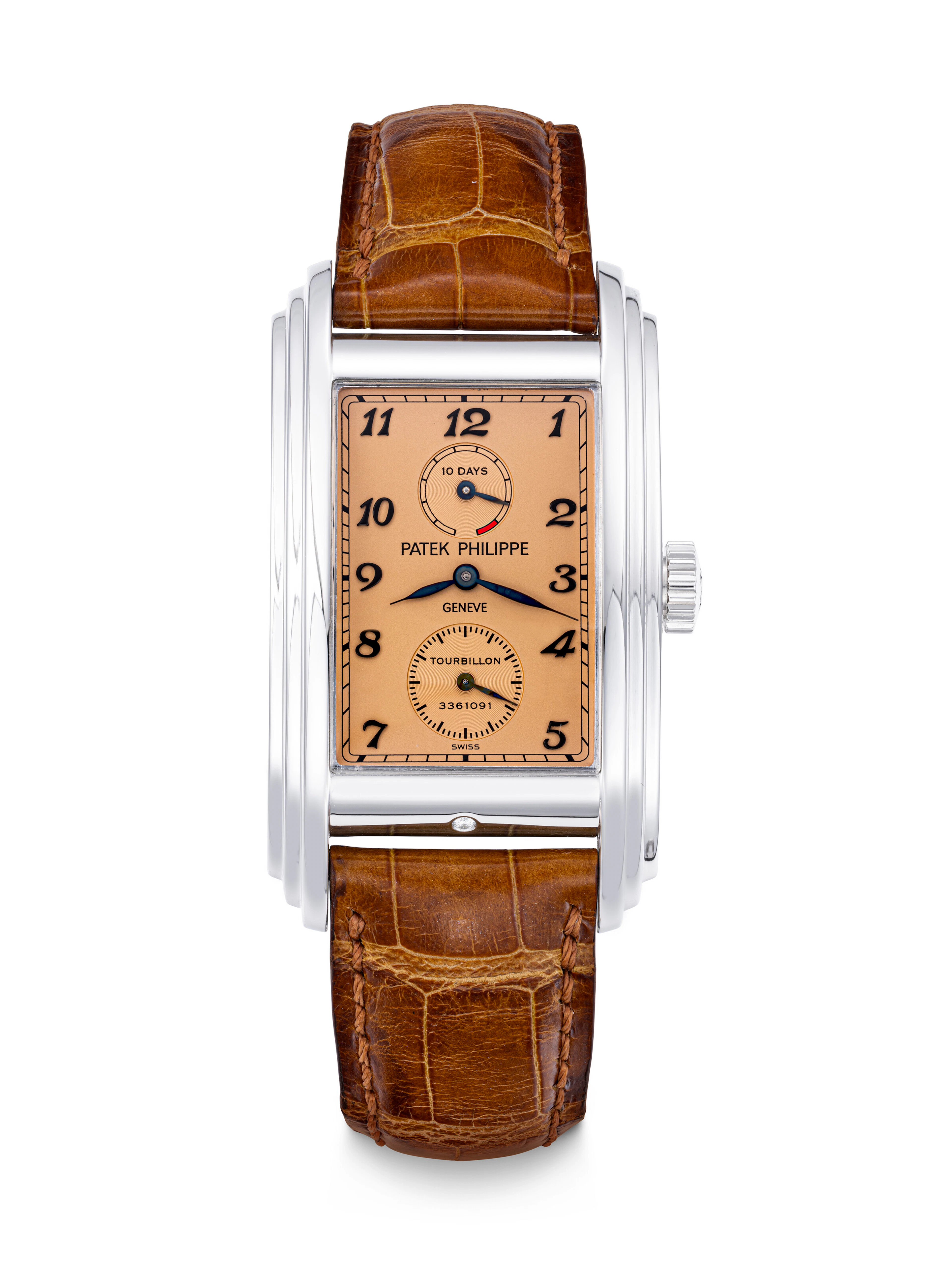 PATEK PHILIPPE. A RARE PLATINUM RECTANGULAR TOURBILLON WRISTWATCH