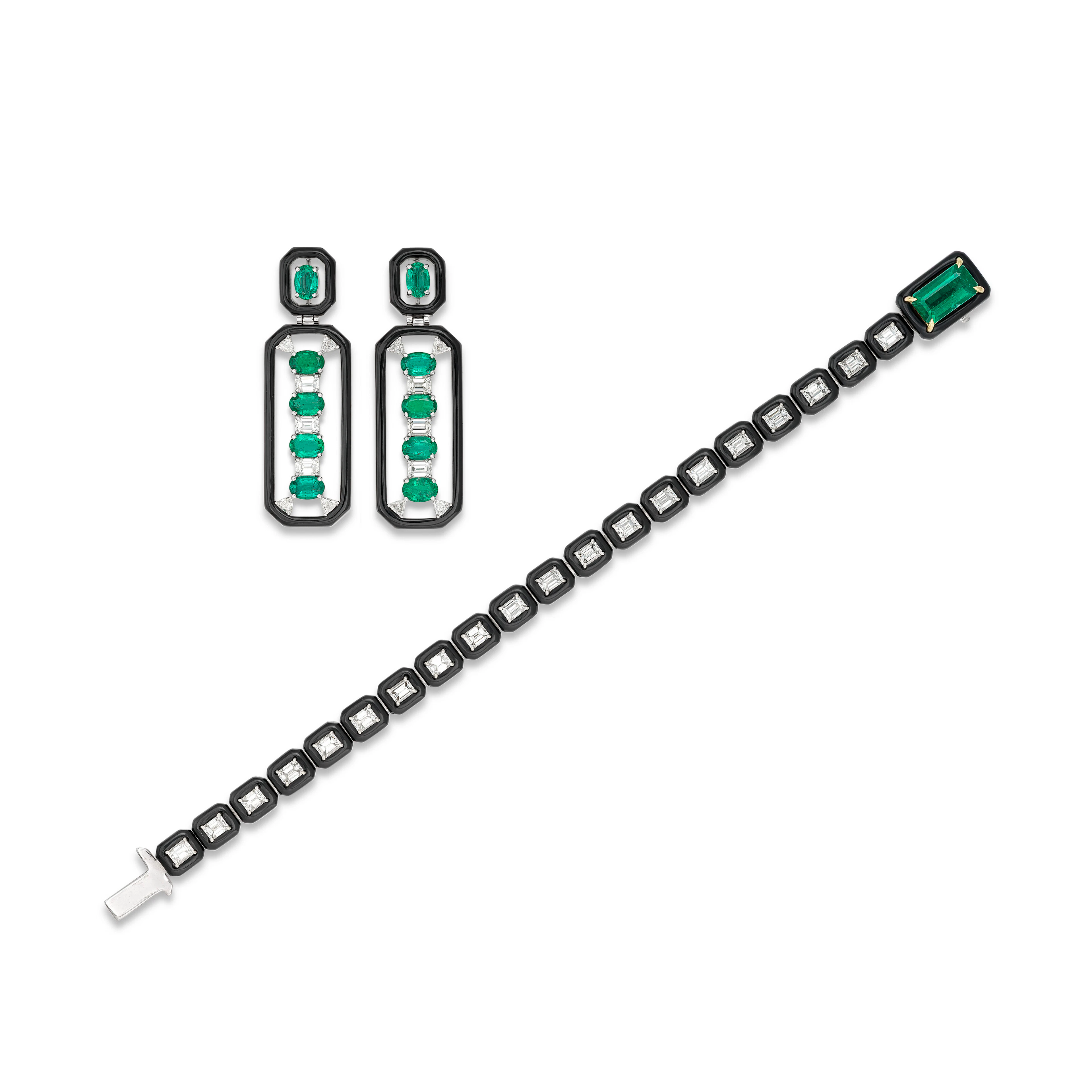 Nikos Koulis Group of Emerald, Diamond and Enamel Jewellery