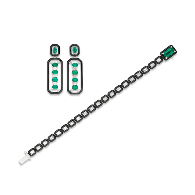 Nikos Koulis Group of Emerald, Diamond and Enamel Jewellery