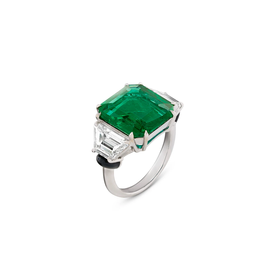 Emerald, Diamond and Enamel Ring