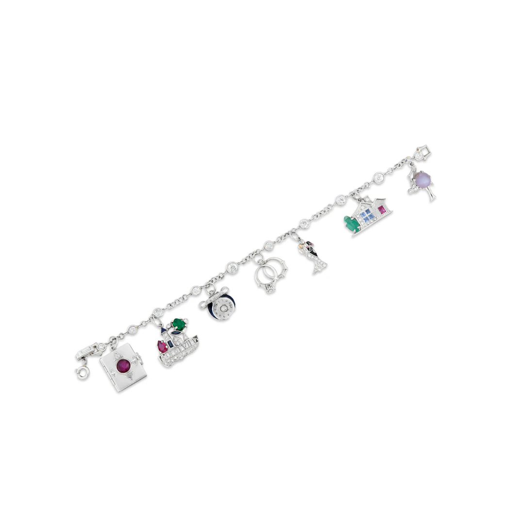 Art Deco Multi-Gem, Enamel and Diamond Charm Bracelet