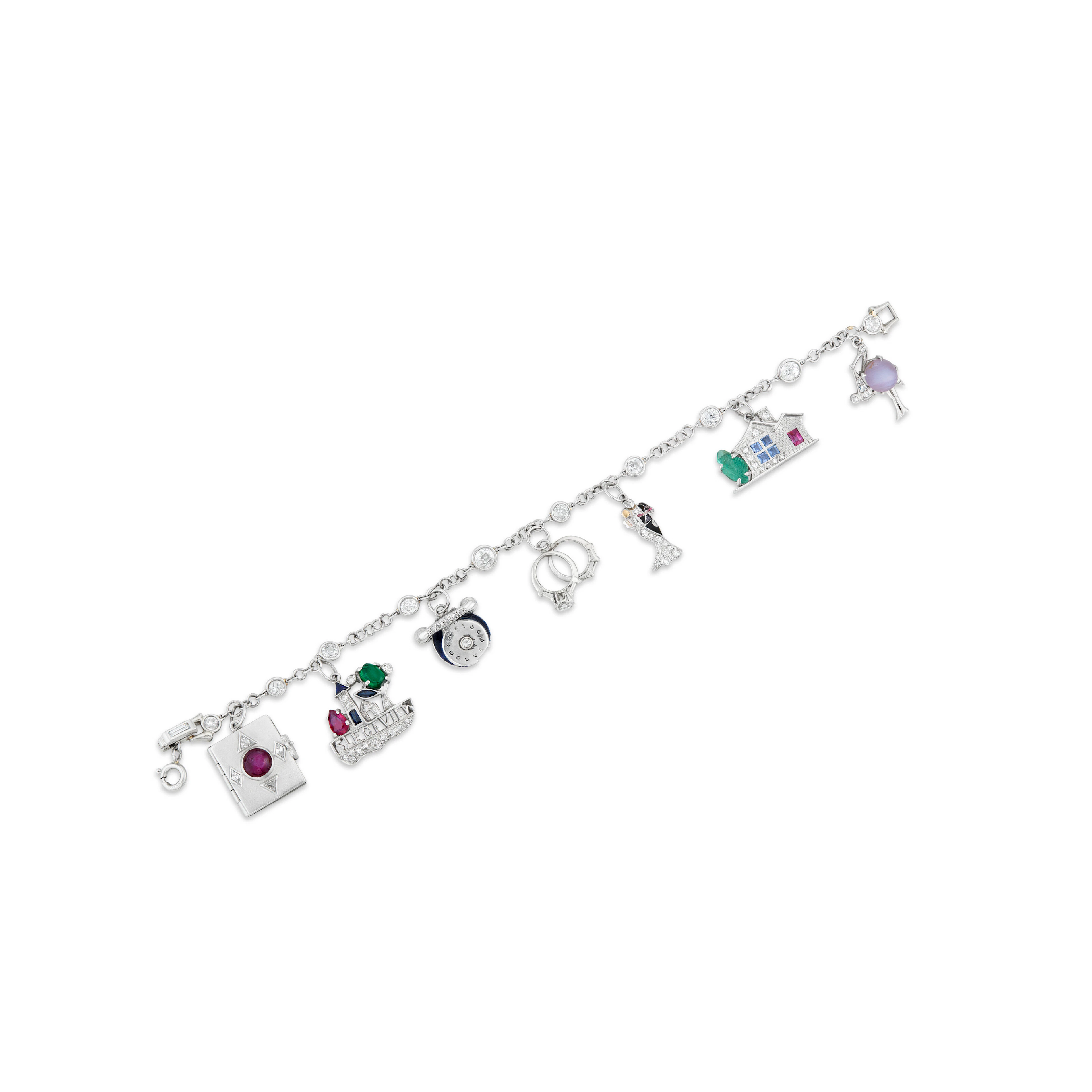 Art Deco Multi-Gem, Enamel and Diamond Charm Bracelet