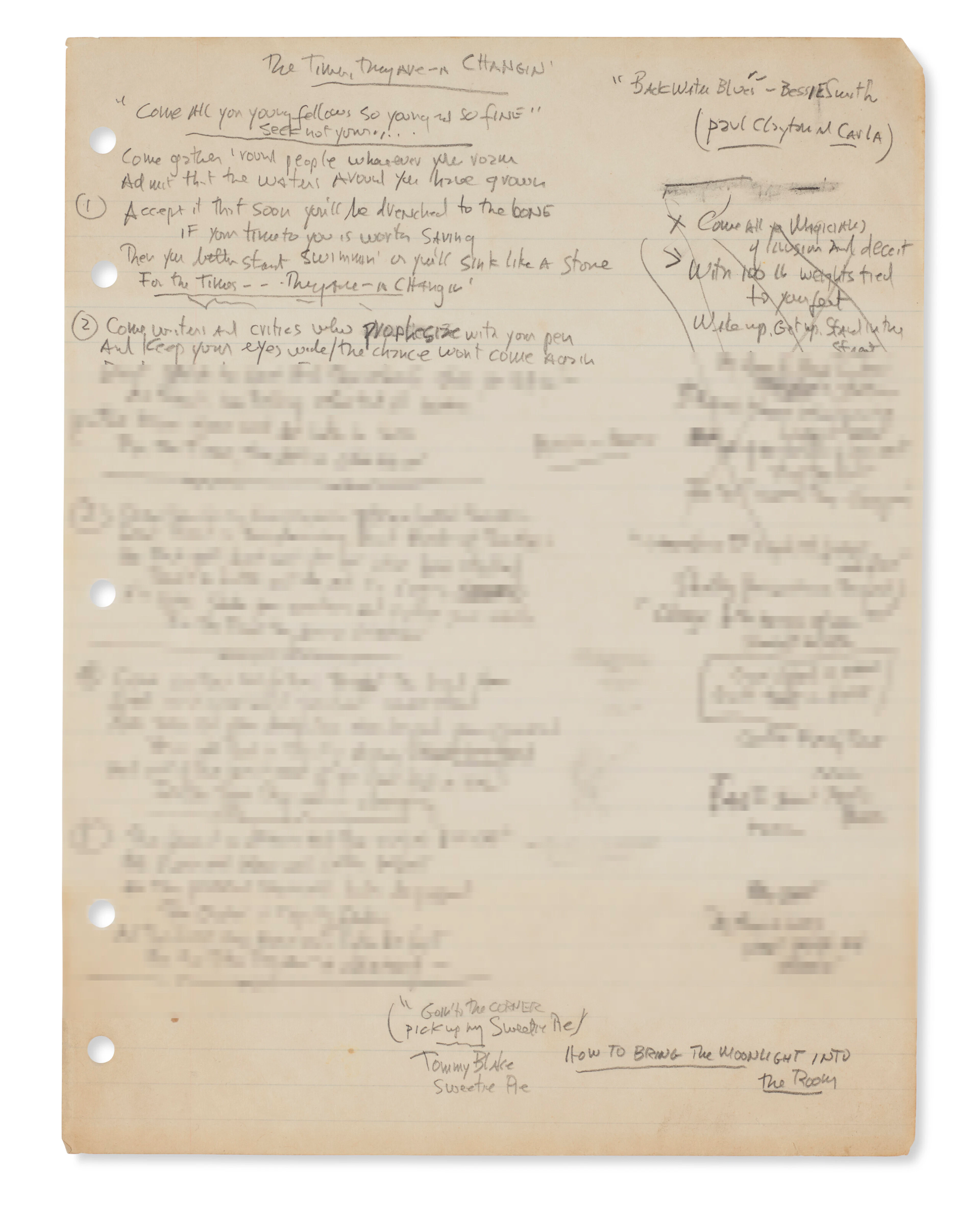 BOB DYLAN: HANDWRITTEN LYRICS FOR 'THE TIMES THEY ARE A-CHANGIN', 1964