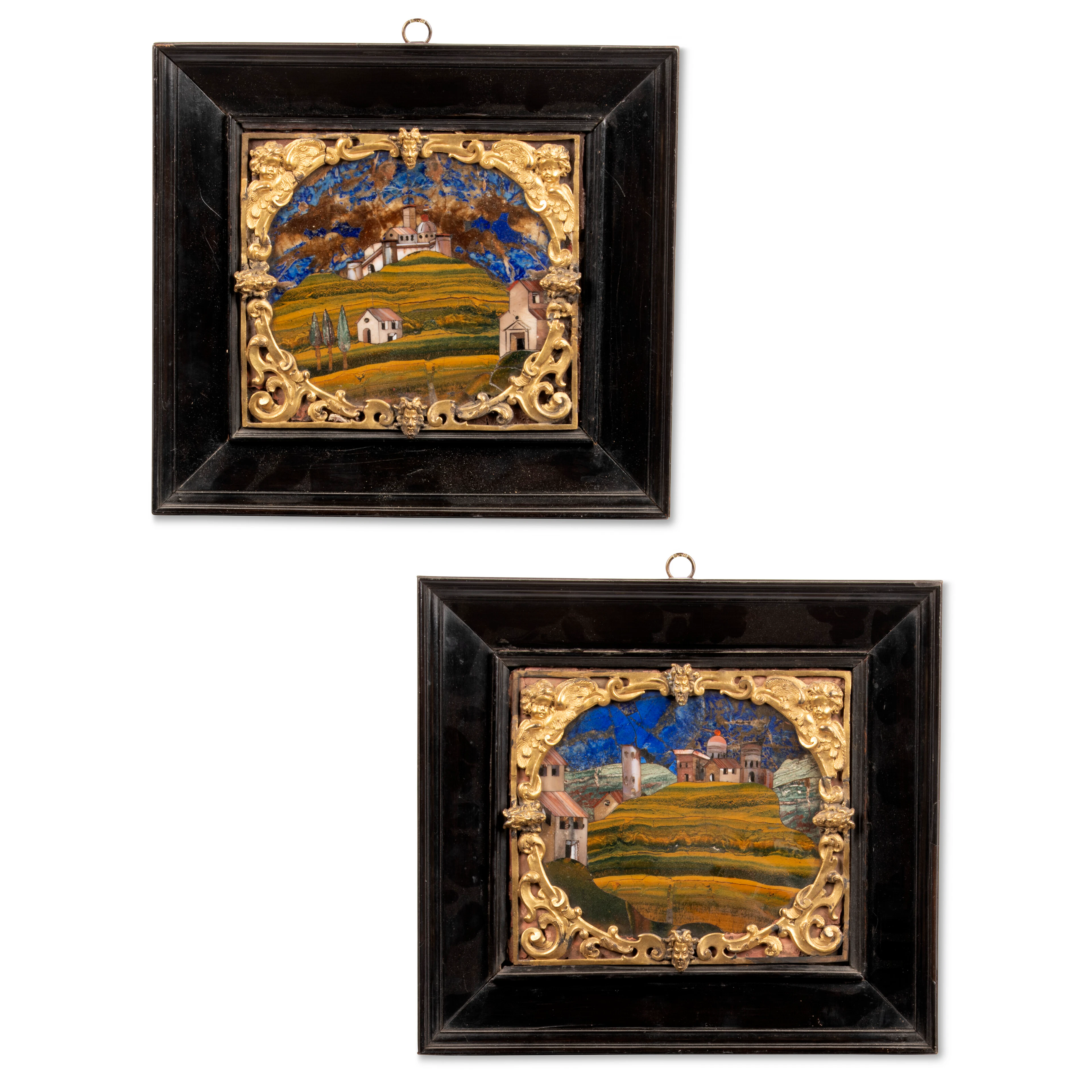 A Pair of Italian Gilt-Metal Mounted Pietra Dura Plaques