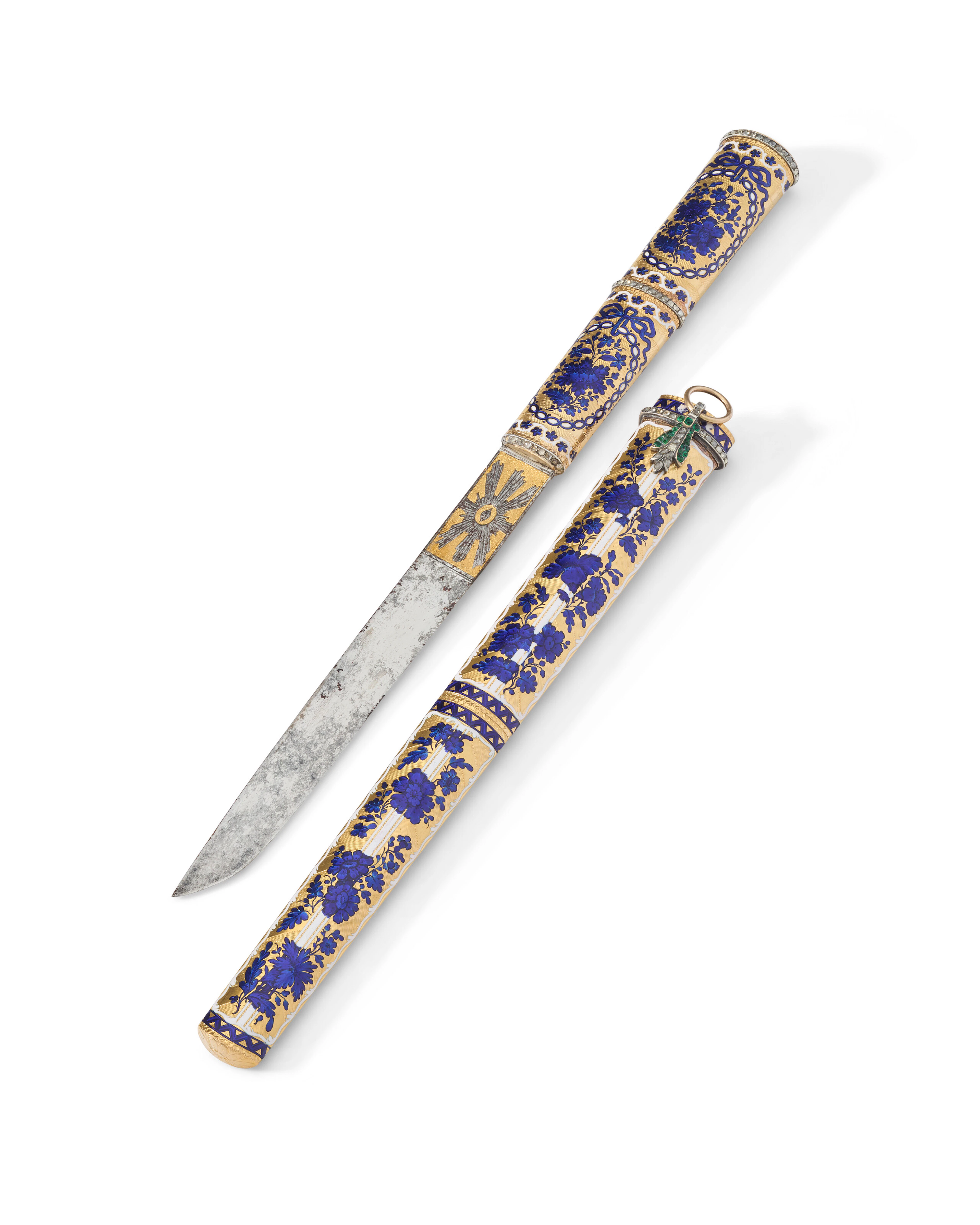 AN IMPERIAL GOLD AND ENAMEL CEREMONIAL KNIFE AND SHEATH