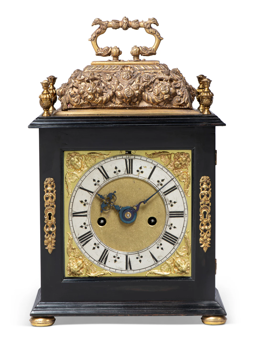 A William and Mary Ebony and Gilt-Brass Striking Table Clock with