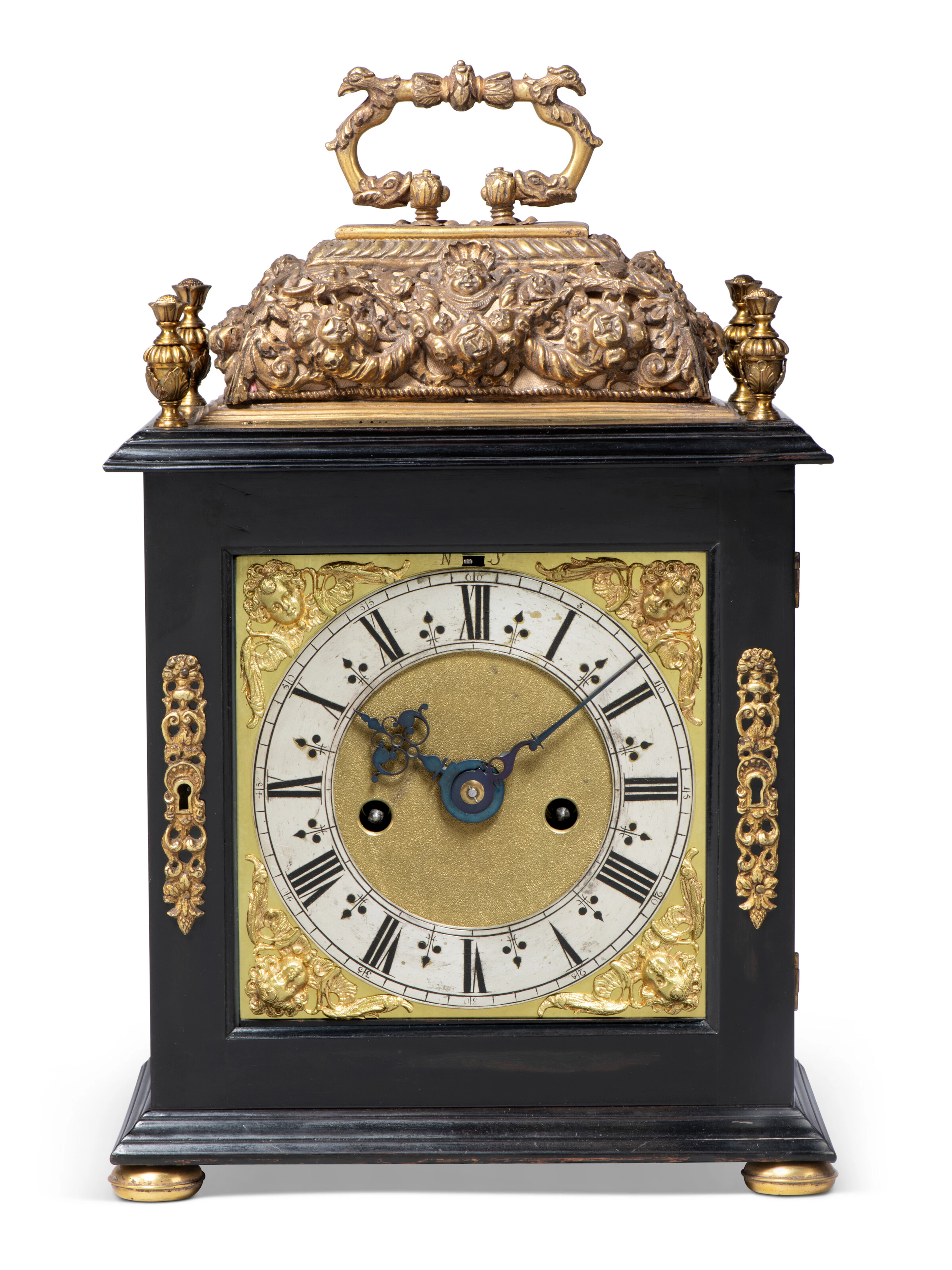 A William and Mary Ebony and Gilt-Brass Striking Table Clock with