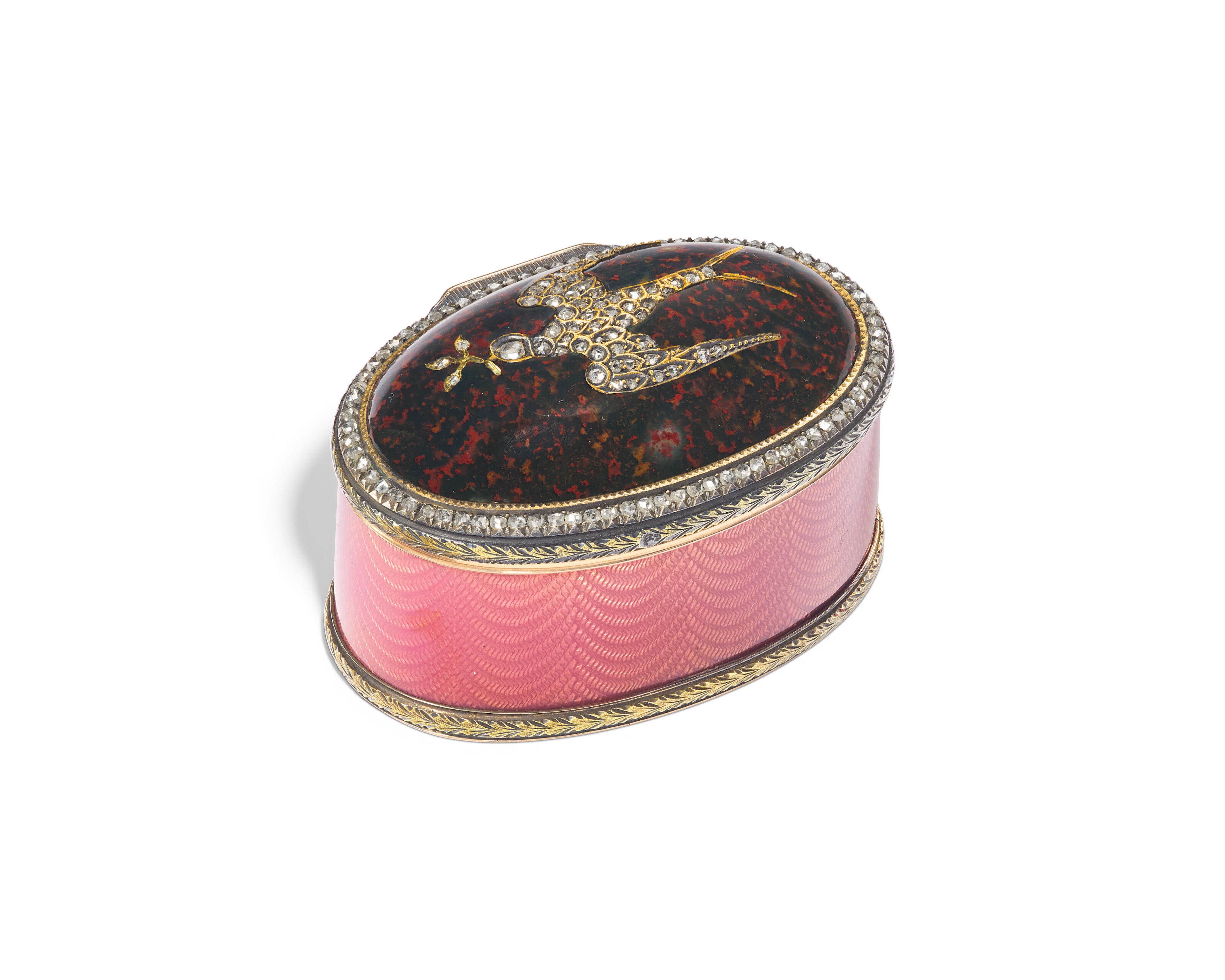 A Jeweled, Bloodstone and Guilloché Enamel Two-Color Gold Bonbonnière