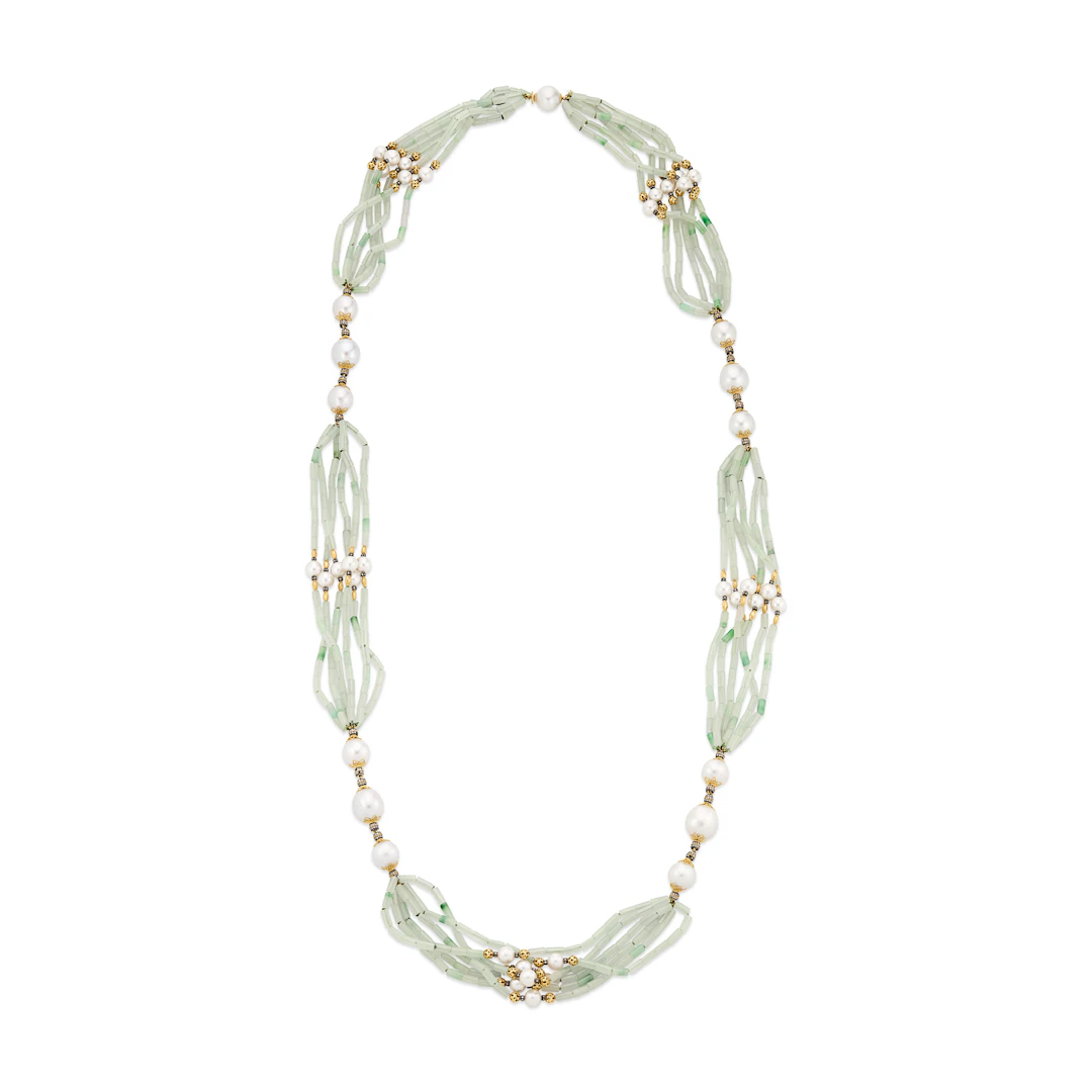 Verdura Cultured Pearl, Jade and Diamond Longchain Multi-Strand Necklace